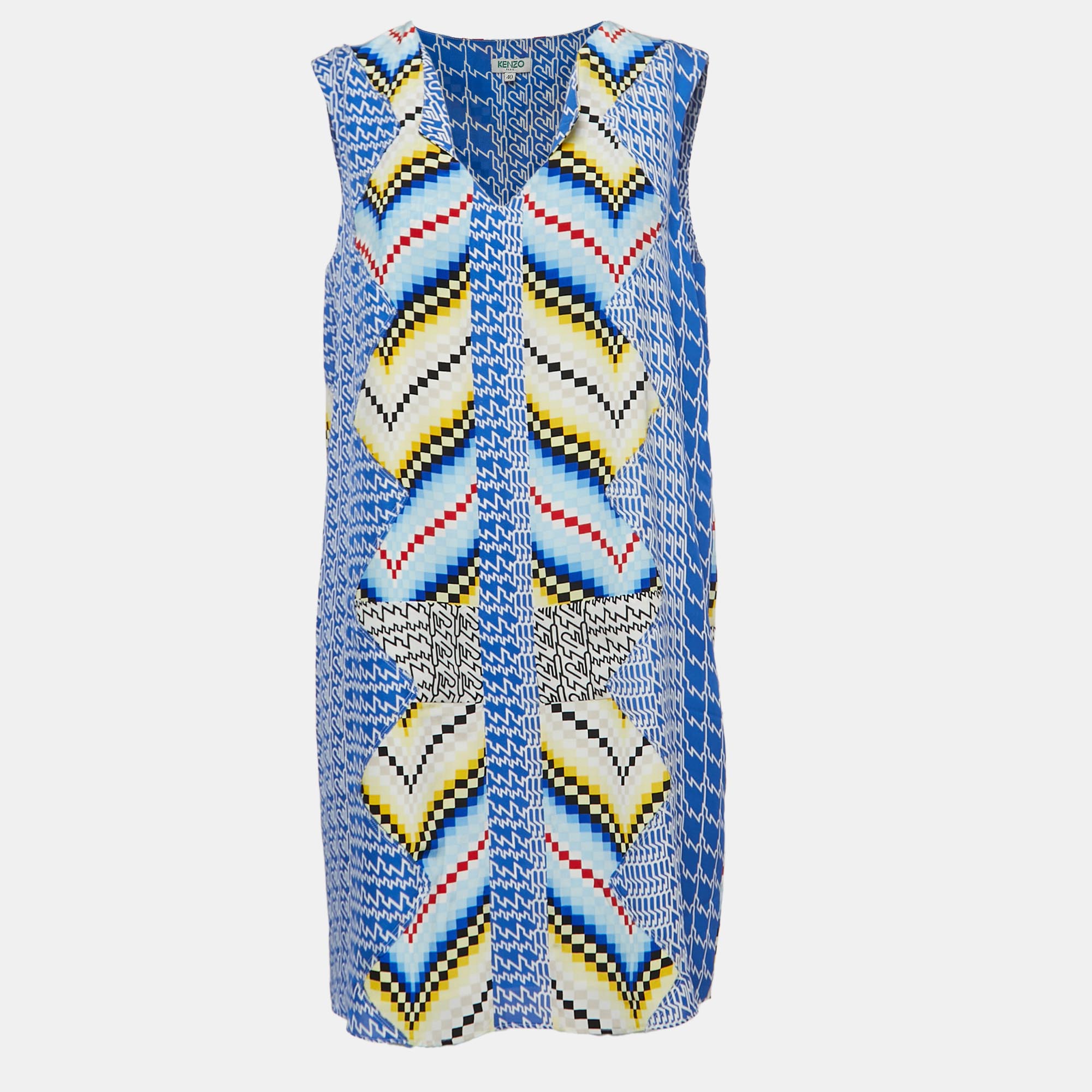 Pre-owned Kenzo Blue Geometric Print Silk Sleeveless Mini Dress M