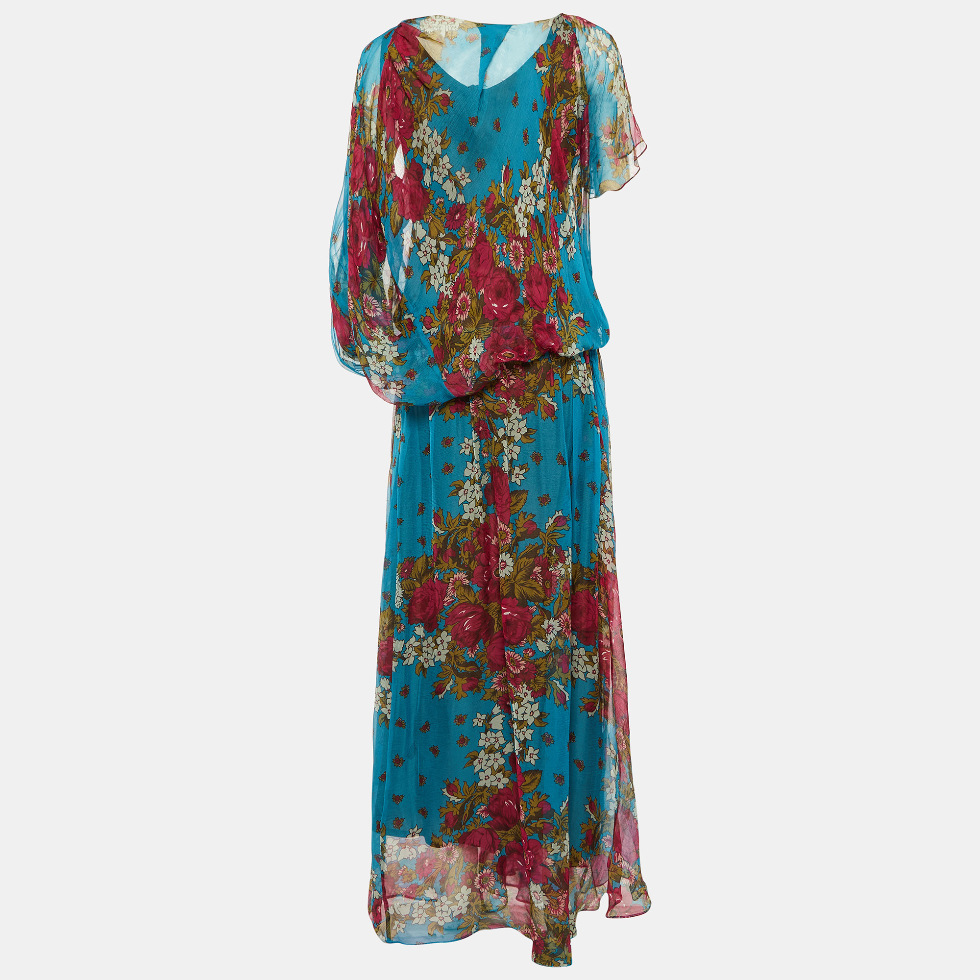 

Kenzo Blue Floral Print Silk Elasticized Waist Maxi Dress