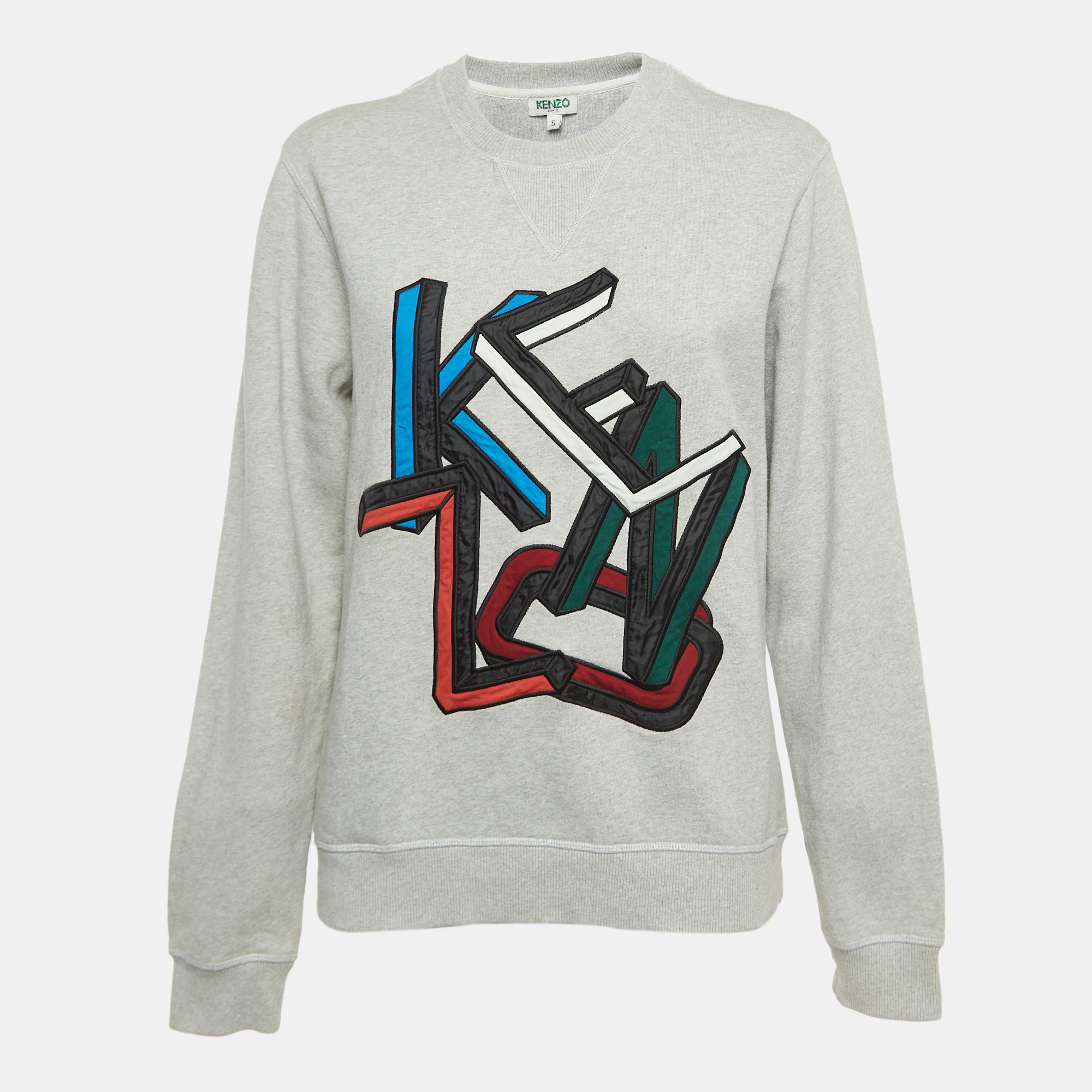 Pre-owned Kenzo Grey Logo Embroidered Cotton Crew Neck Sweatshirt S