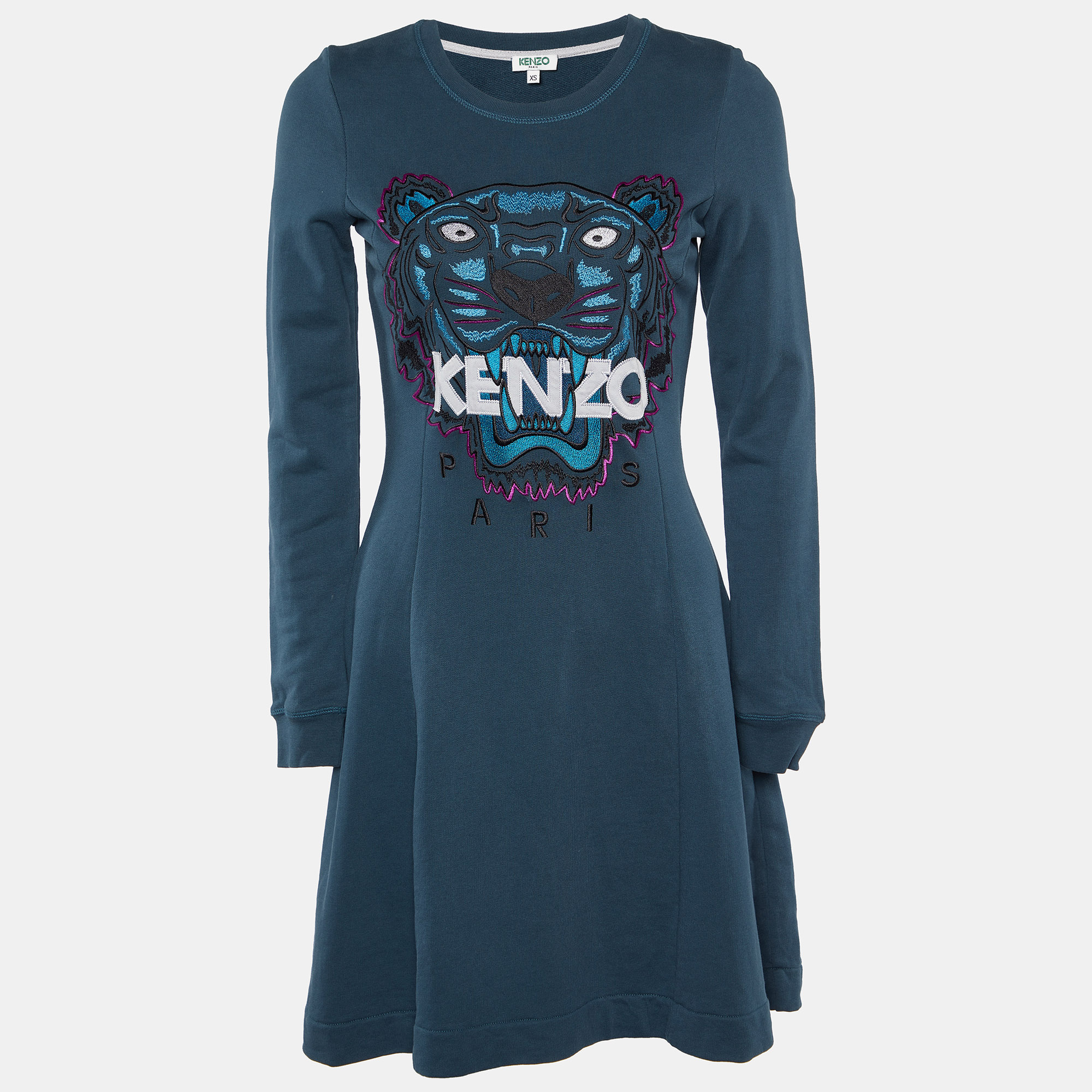 

Kenzo Teal Green Tiger Embroidered Cotton Mini Dress S