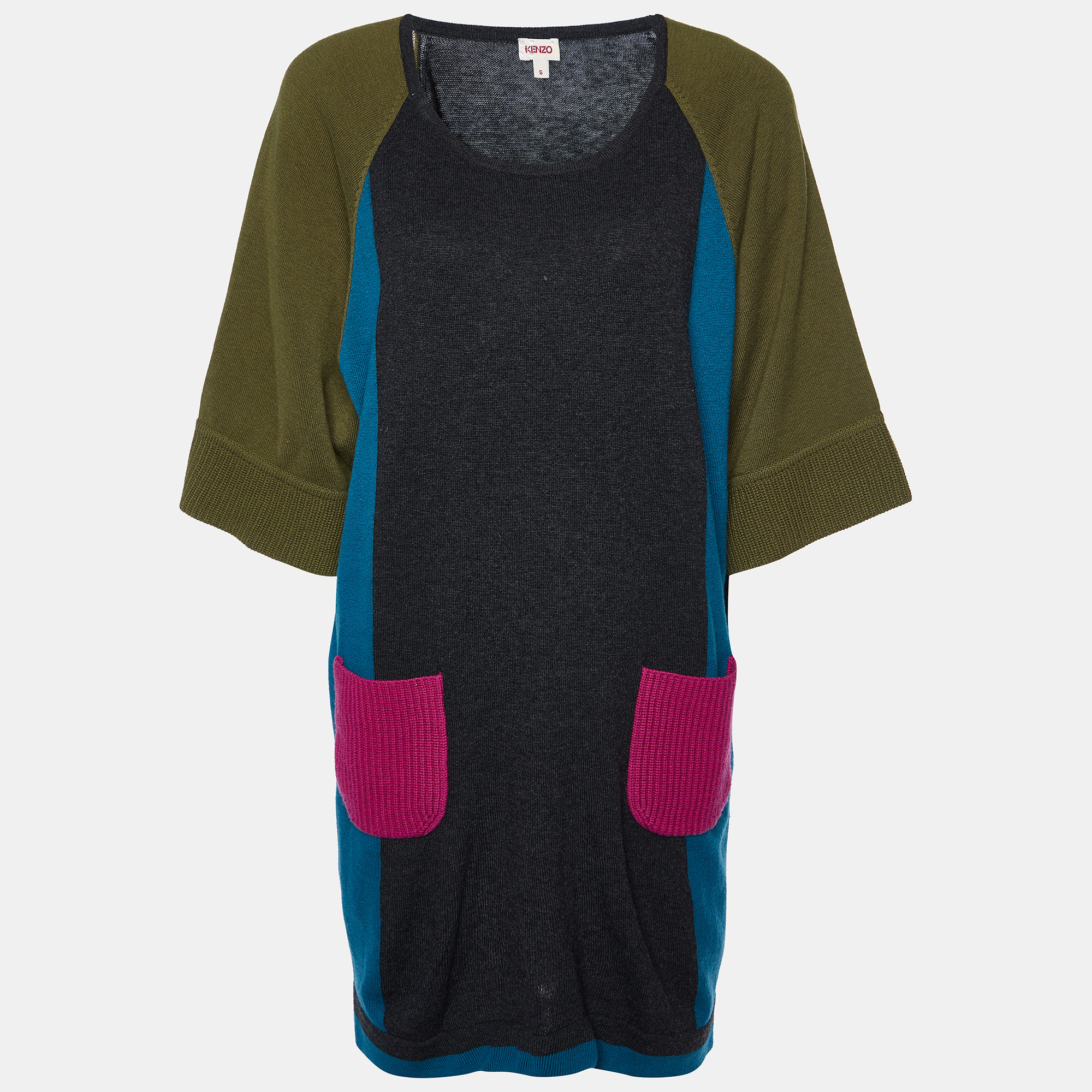 Pre-owned Kenzo Grey Colourblock Wool Knit Jumper Dress S