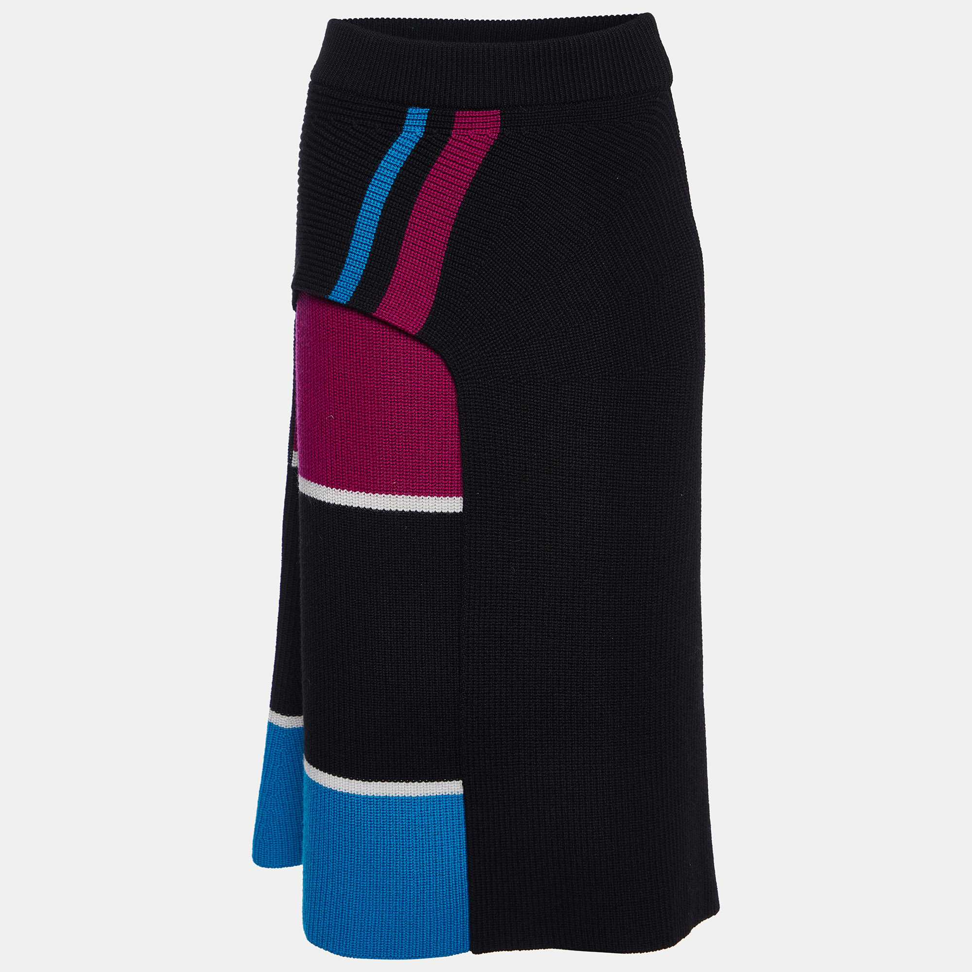 Pre-owned Kenzo Black Color-block Wool Knit Faux Wrap Skirt M