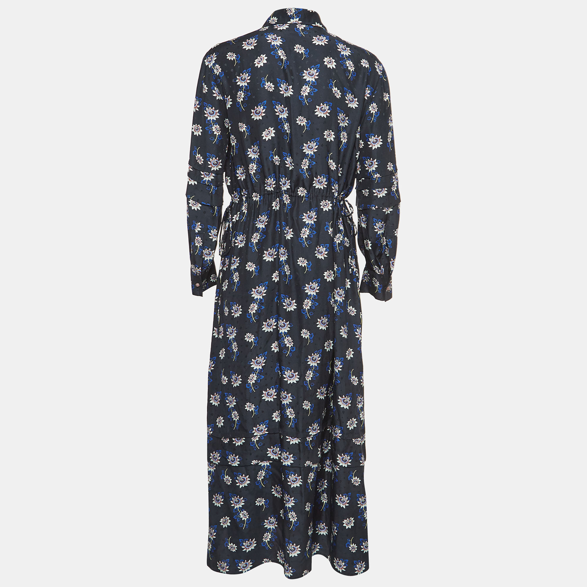 

Kenzo Navy Blue Floral Printed Silk Shirt Maxi Dress