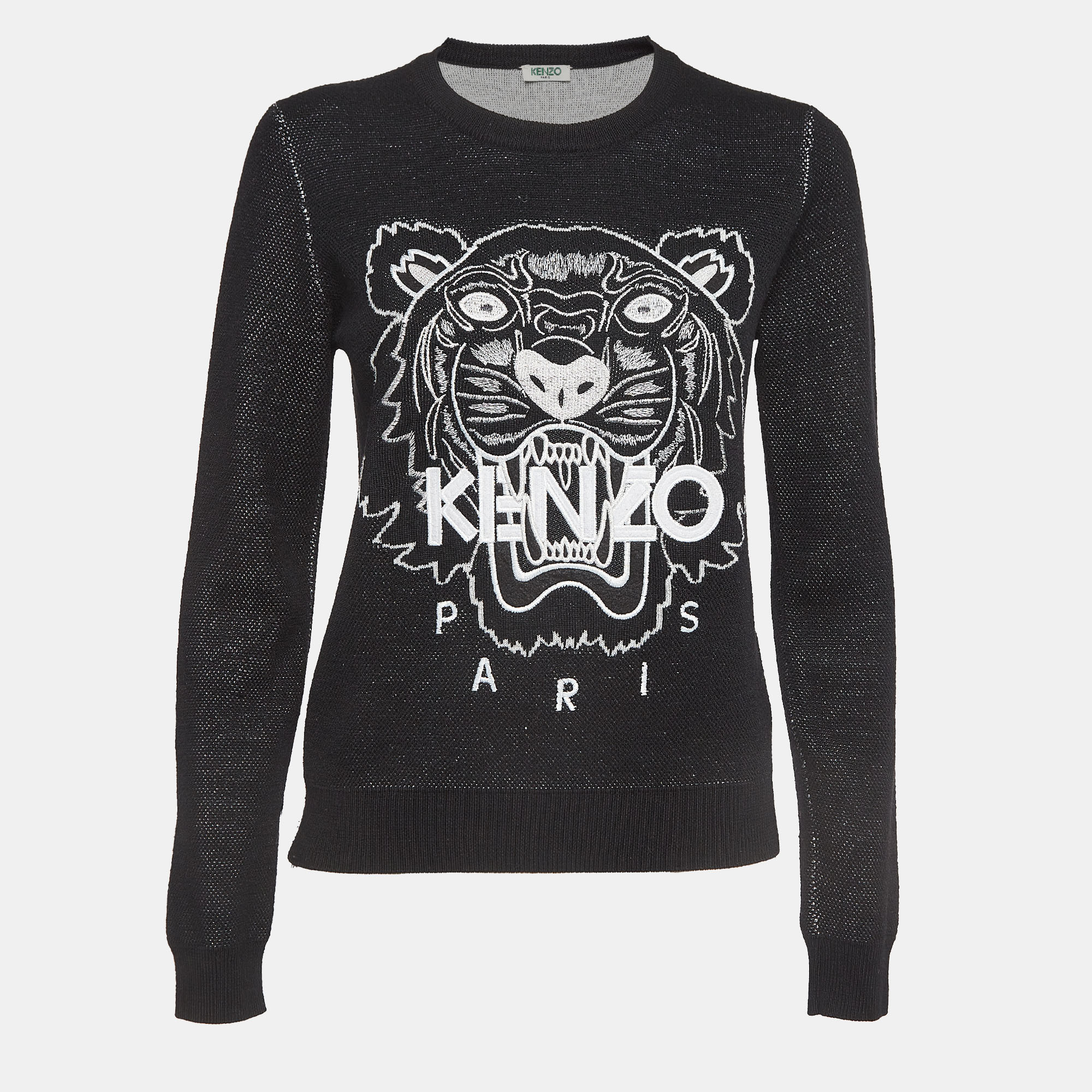 

Kenzo Black Tiger Logo Embroidered Wool Blend Crew Neck Sweater