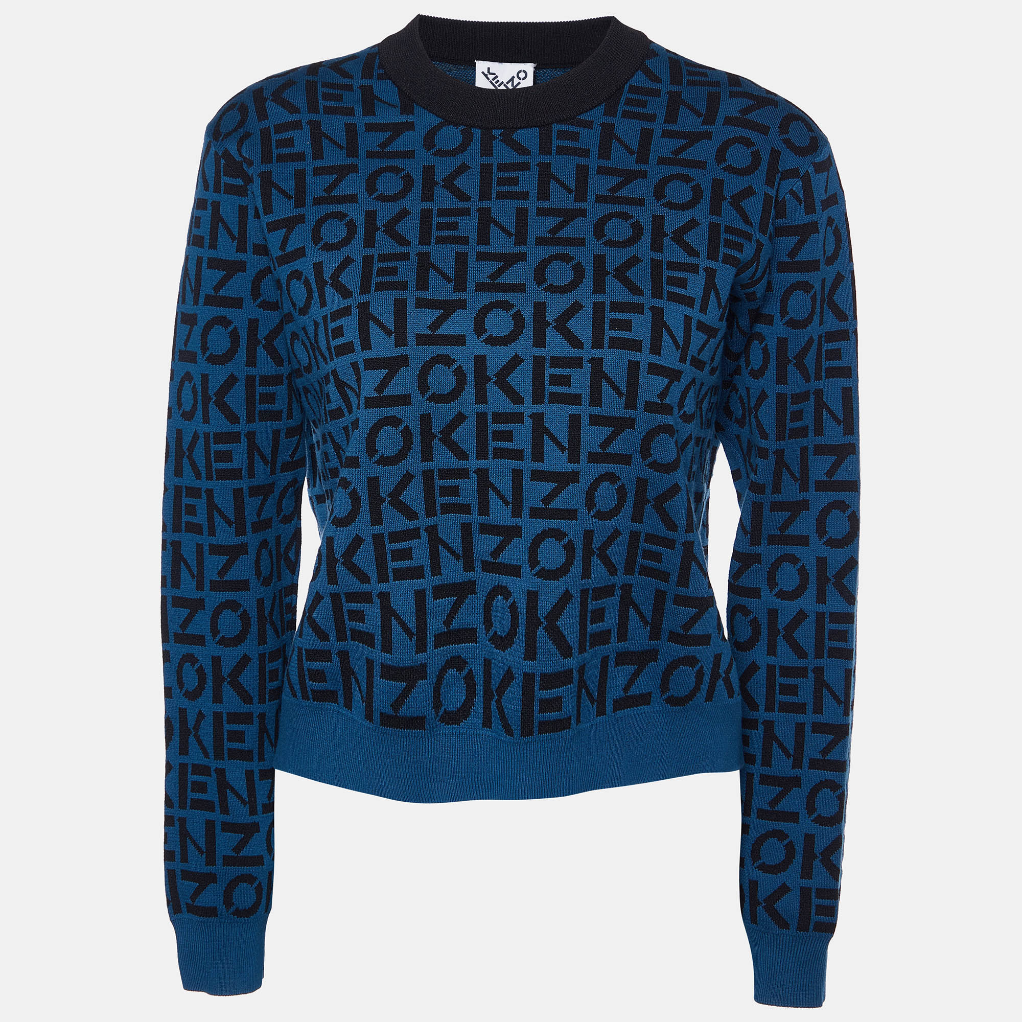 Pre-owned Kenzo Blue/black All Over Logo Knit Cropped Jumper S