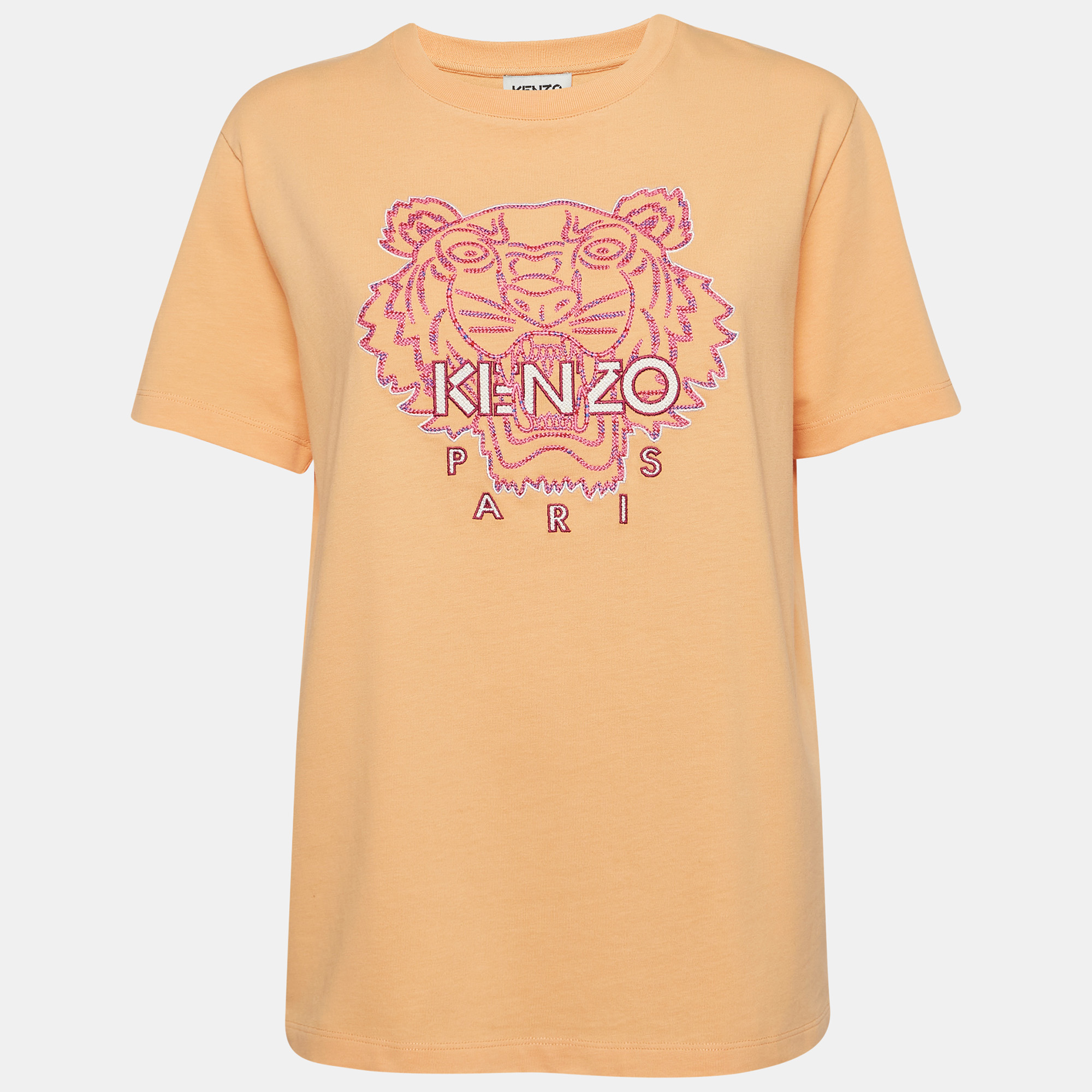Peach Pink Tiger Embroidered Cotton Neck T-Shirt