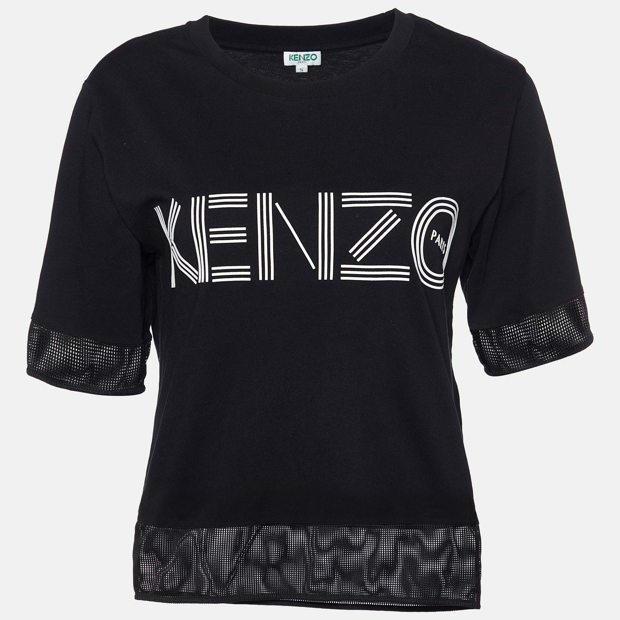 

Kenzo Black Logo Print Cotton Mesh Detail T-Shirt
