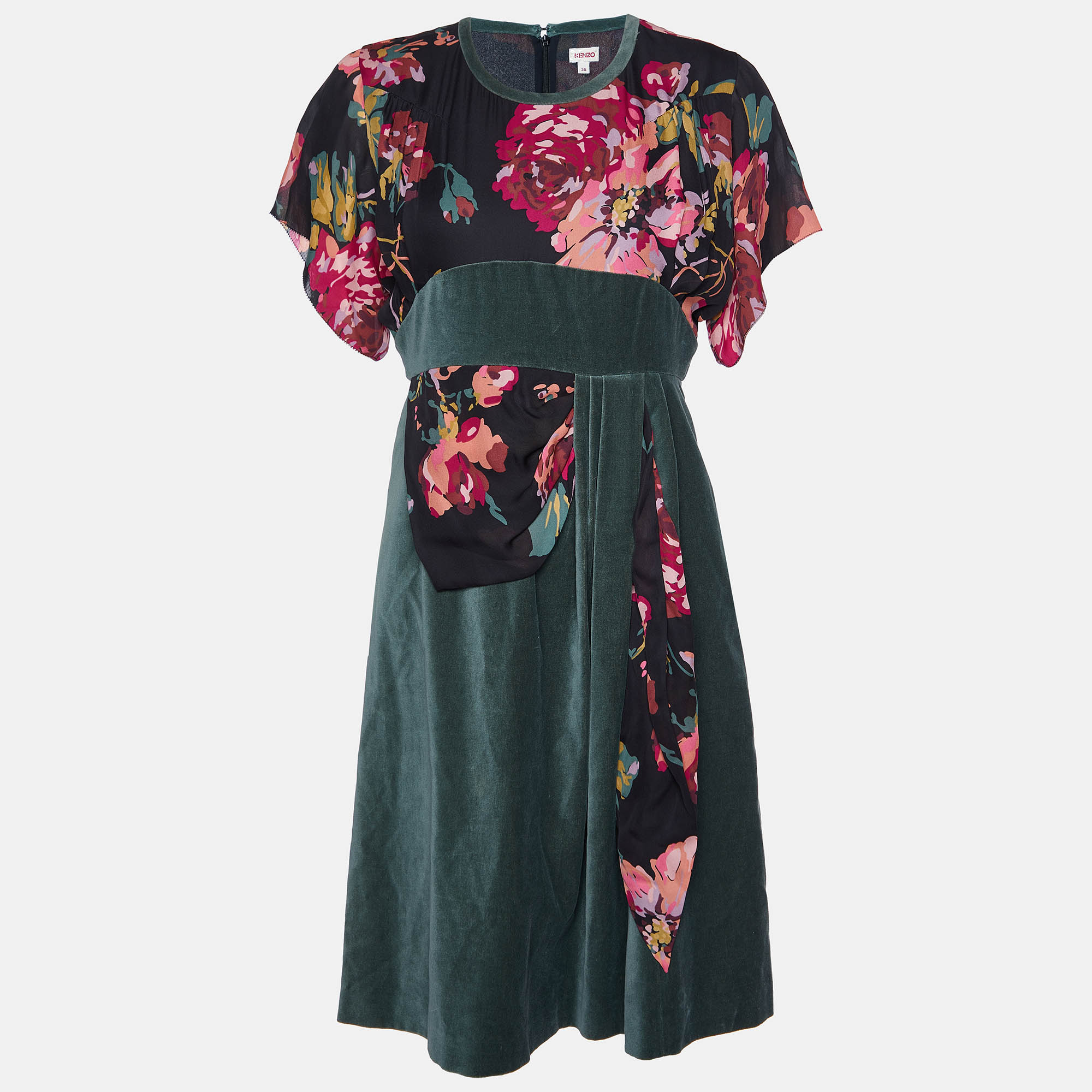 

Kenzo Green Floral Print Silk & Velvet Knee-Length Dress M