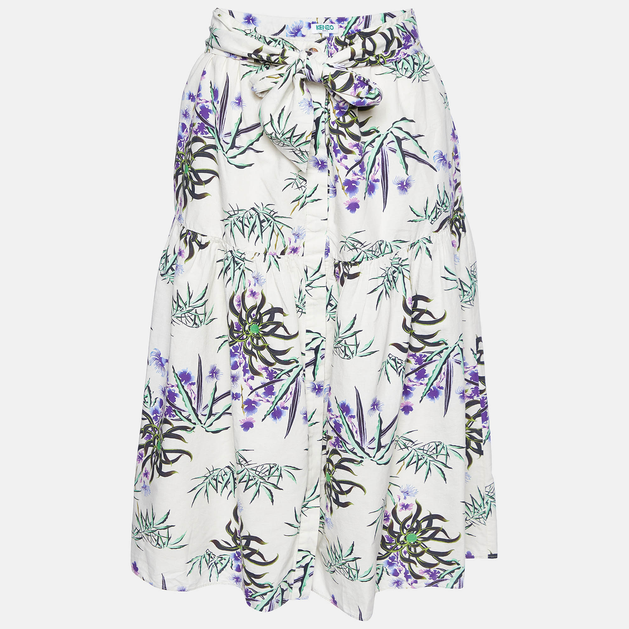 

Kenzo White Sea Lily Print Cotton Midi Skirt S