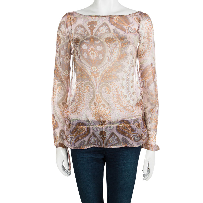 

Kenzo Pink Paisley Printed Crinkled Silk Chiffon Long Sleeve Blouse