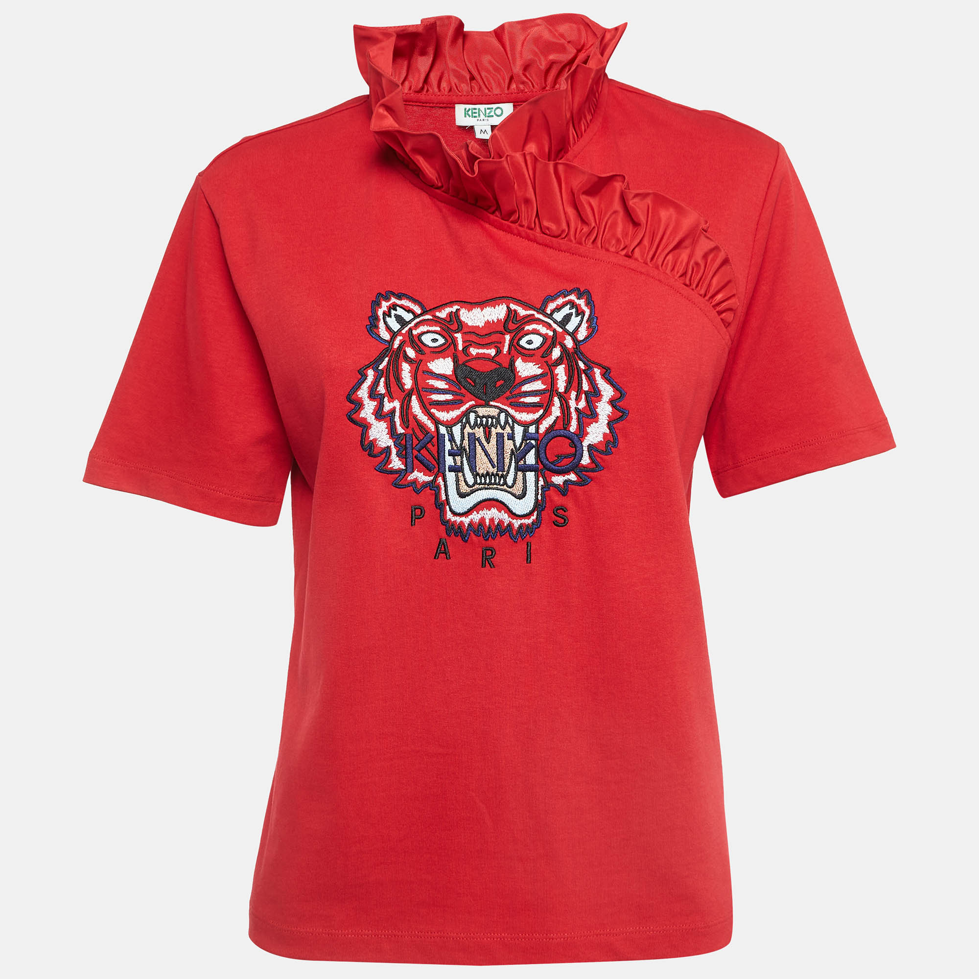 

Kenzo Red Tiger Logo Embroidered Cotton Ruffle Neck T-Shirt M