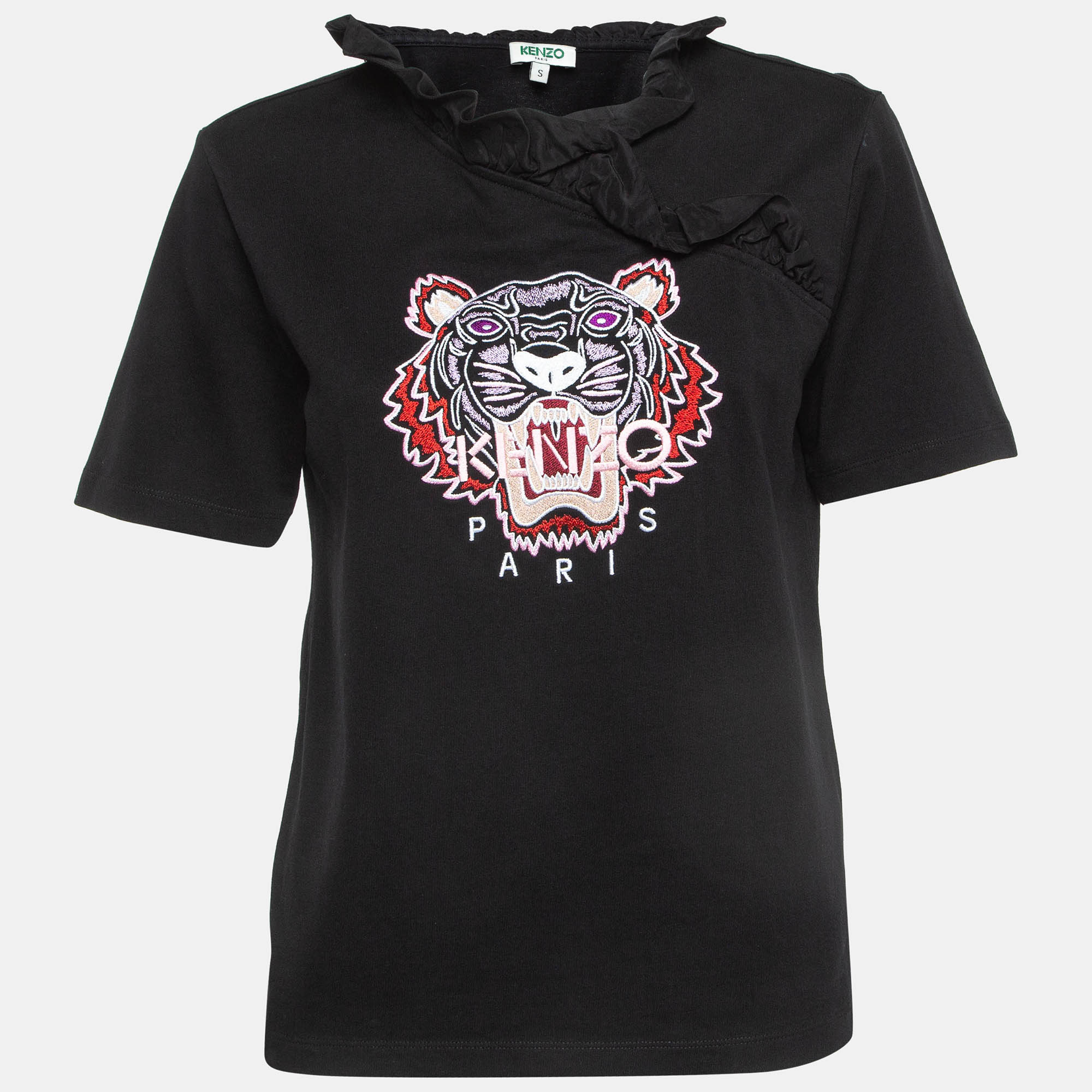 

Kenzo Black Tiger Embroidered Cotton Ruffled T-Shirt S
