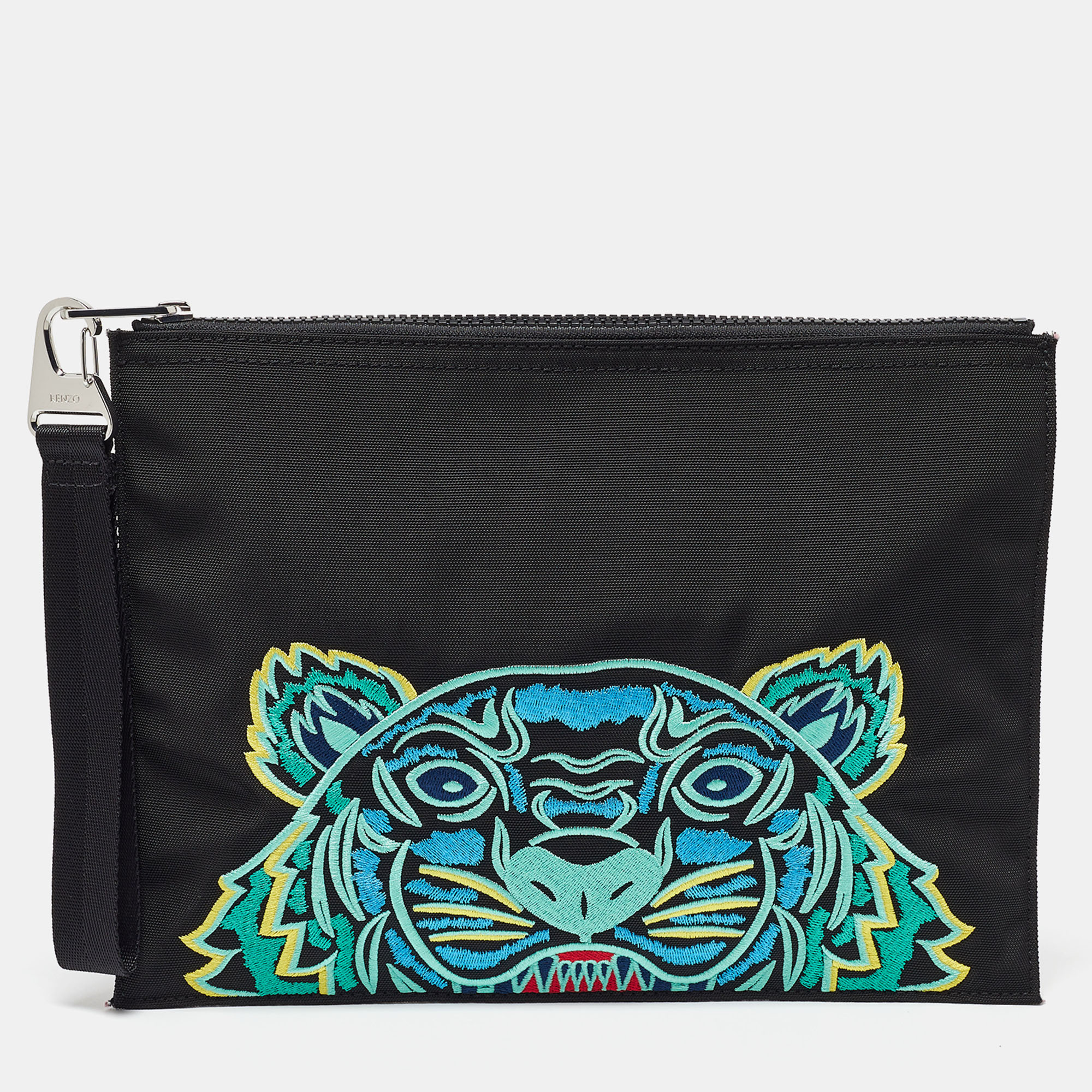 Pre-owned Kenzo Black Tiger Embroidered Leather Zip Flat Pouch