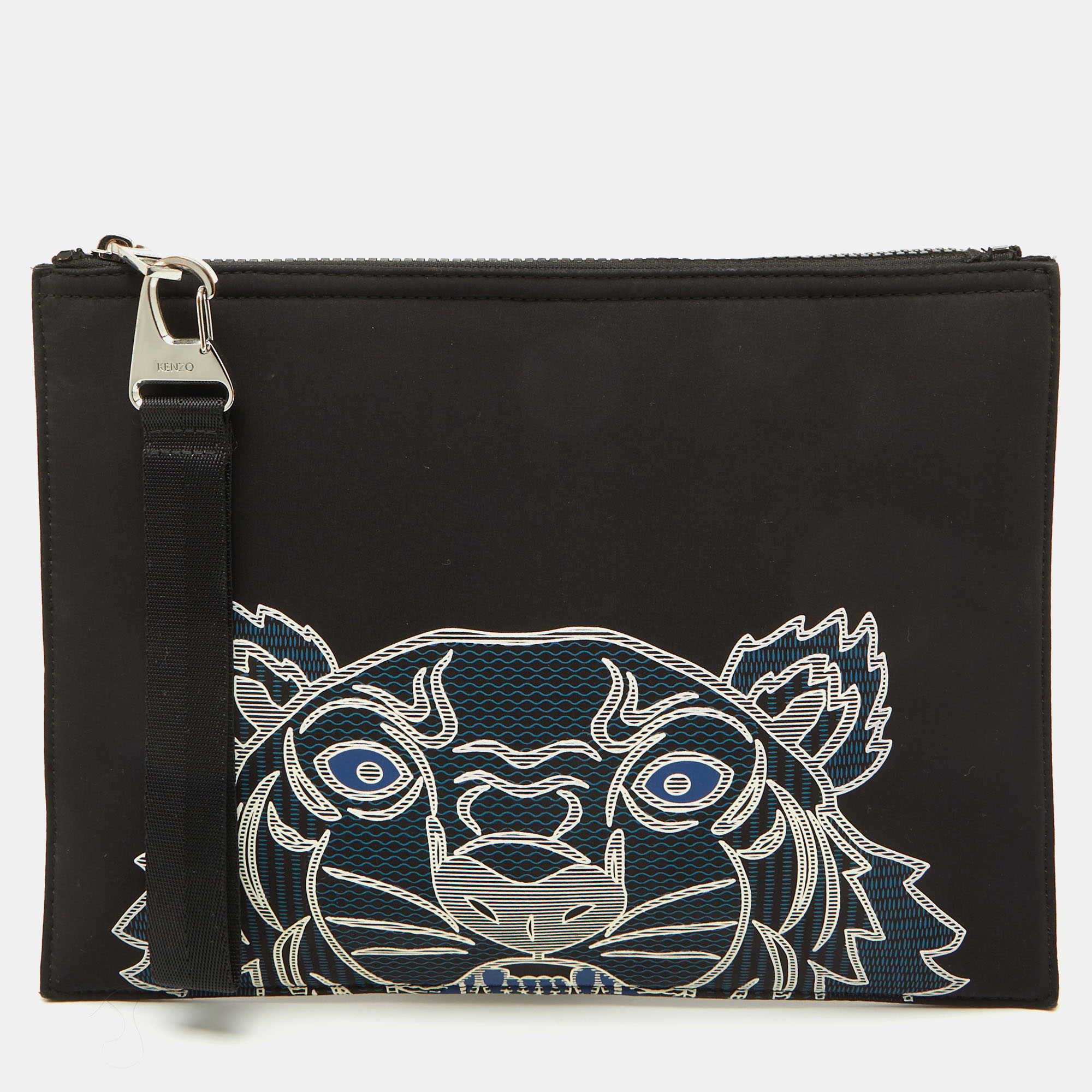 

Kenzo Black Fabric Tiger Print Flat Zip Pouch