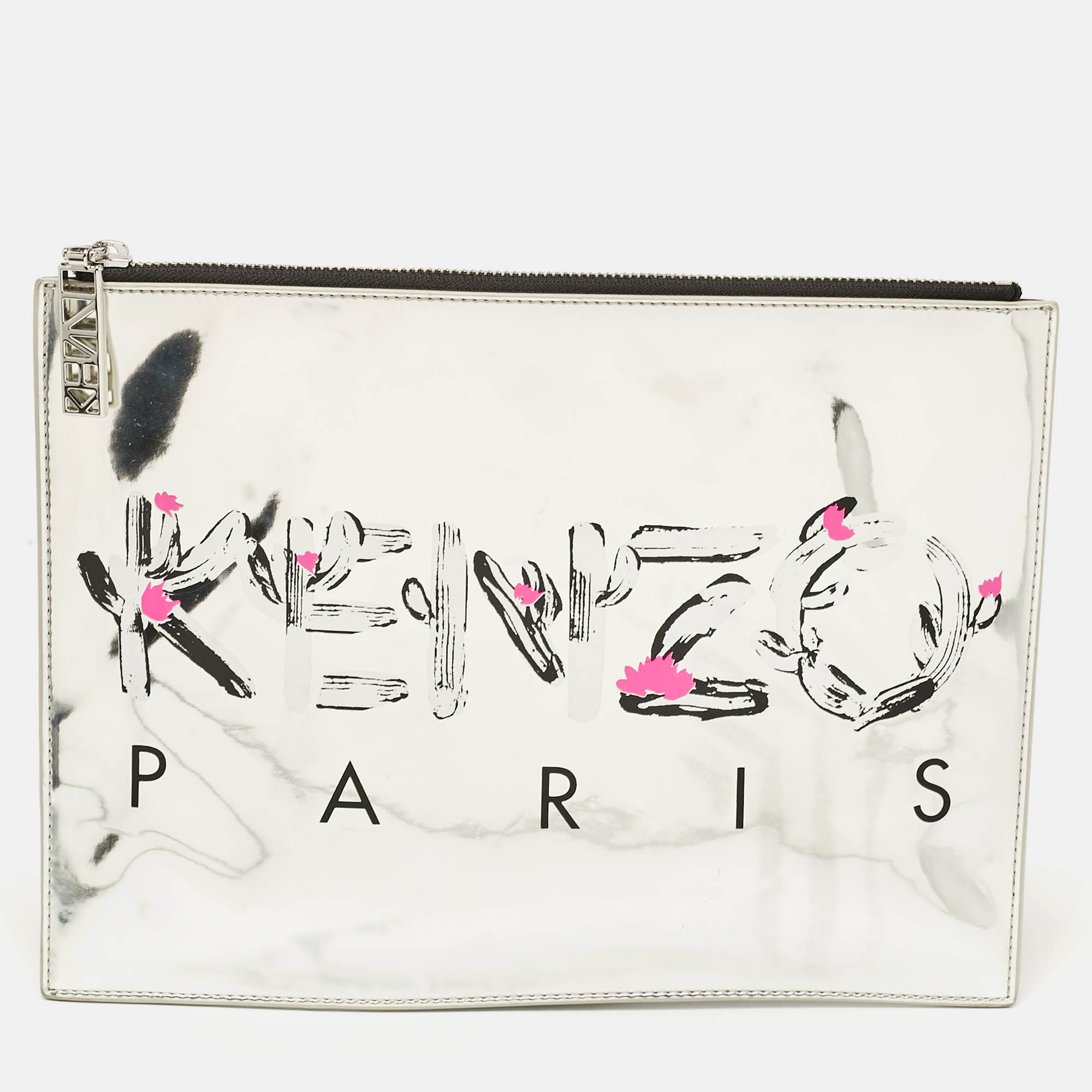 

Kenzo Silver Patent Leather Logo Printed Zip Pouch