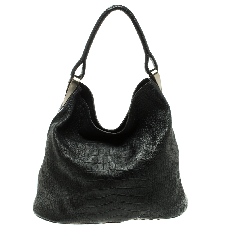 Pre Owned Kenzo Black Croc Embossed Leather Hobo