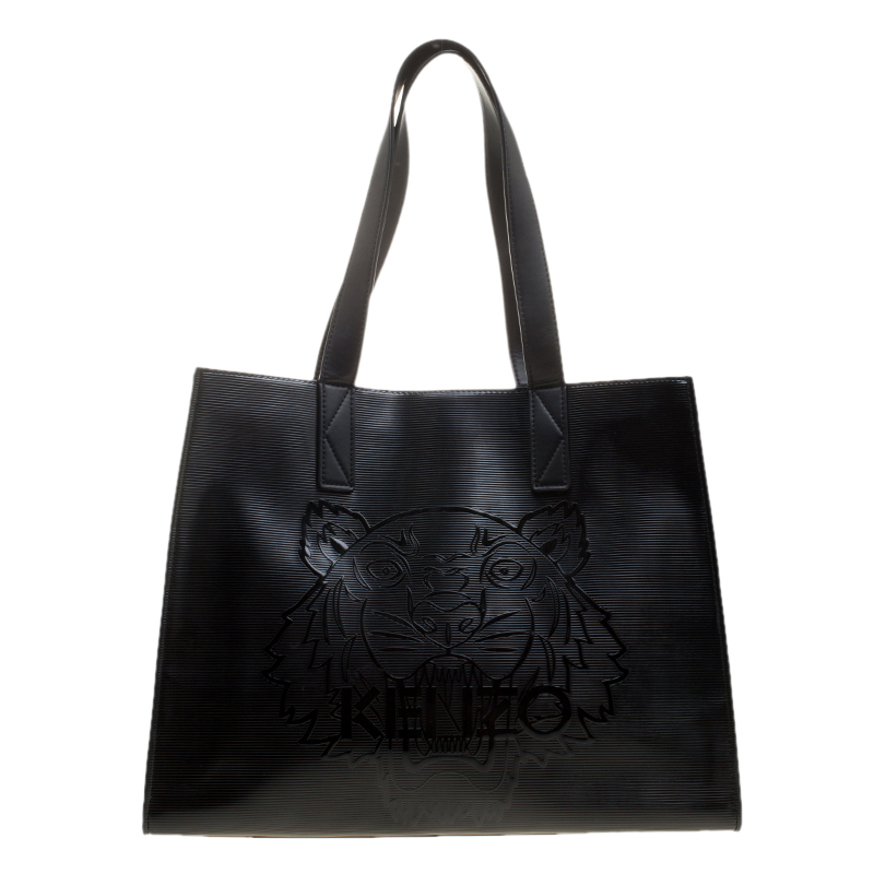 Pre Owned Kenzo Black Patent PVC Tiger Embossed Shopping Tote