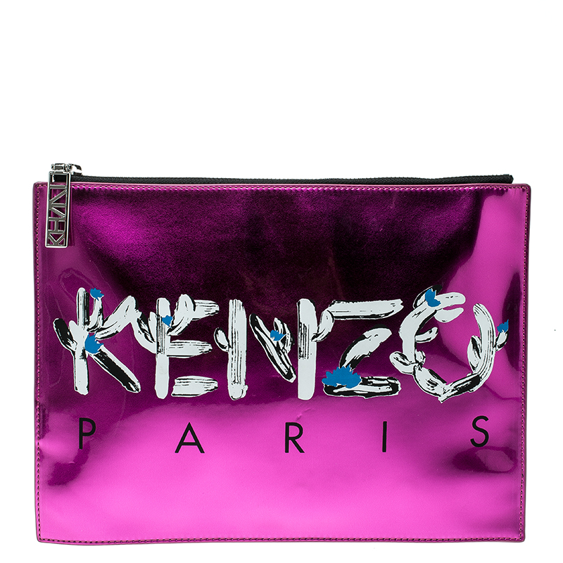 Pre Owned Kenzo Pink/Black Patent Leather and Leather Logo Printed Pouch