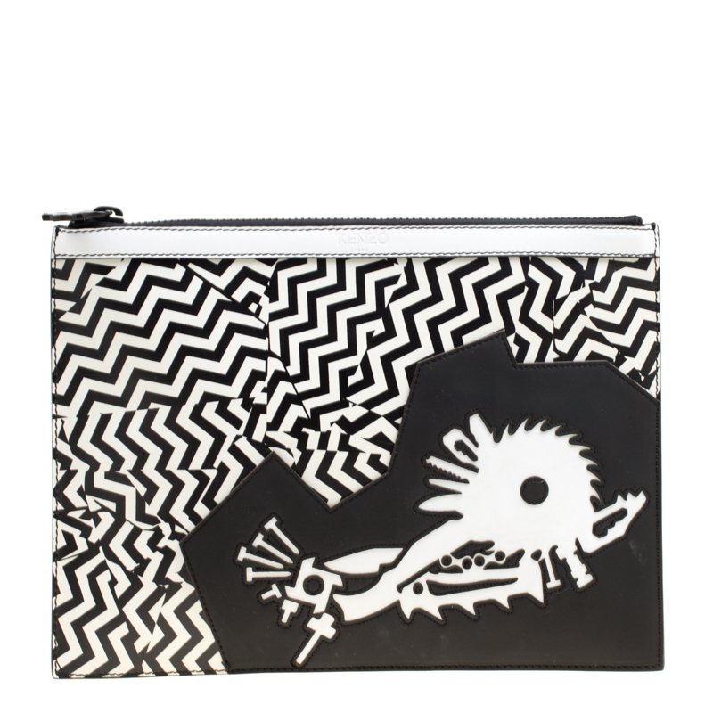 Pre Owned Kenzo Black/White Leather Disjointed Chevron Clutch