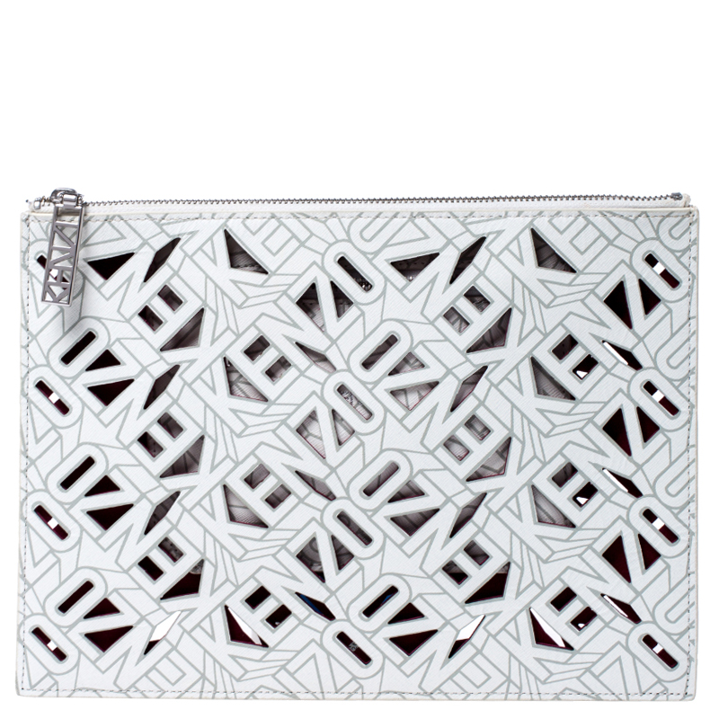Pre Owned Kenzo White Cut Flying Leather Logo Zip Pouch