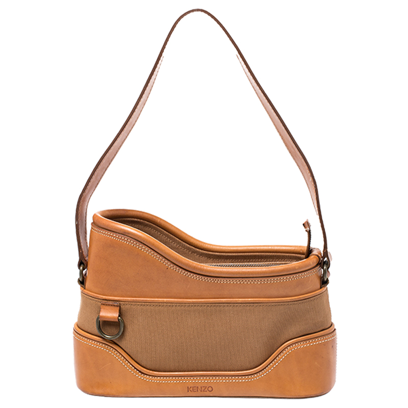 Pre Owned Kenzo Tan Leather and Canvas Bucket Bag