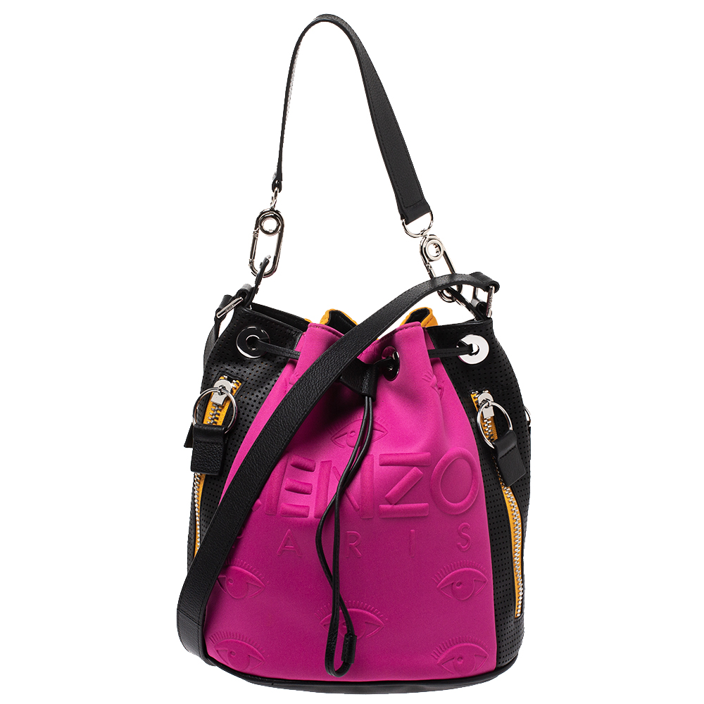 Pre Owned Kenzo Tricolor Fabric and Perforated Leather Kombo Bucket Bag