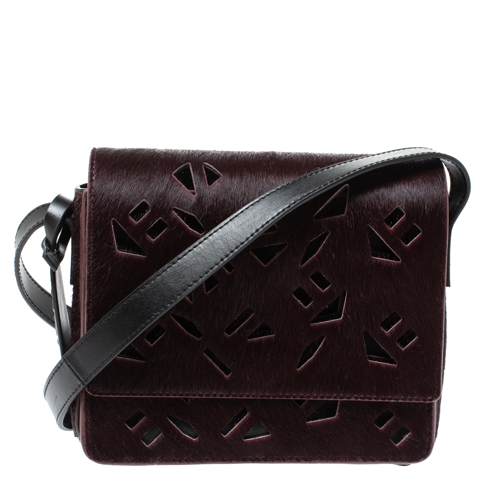 Pre Owned Kenzo Burgundy/Black Calfhair and Leather Lazer Cut Crossbody Bag