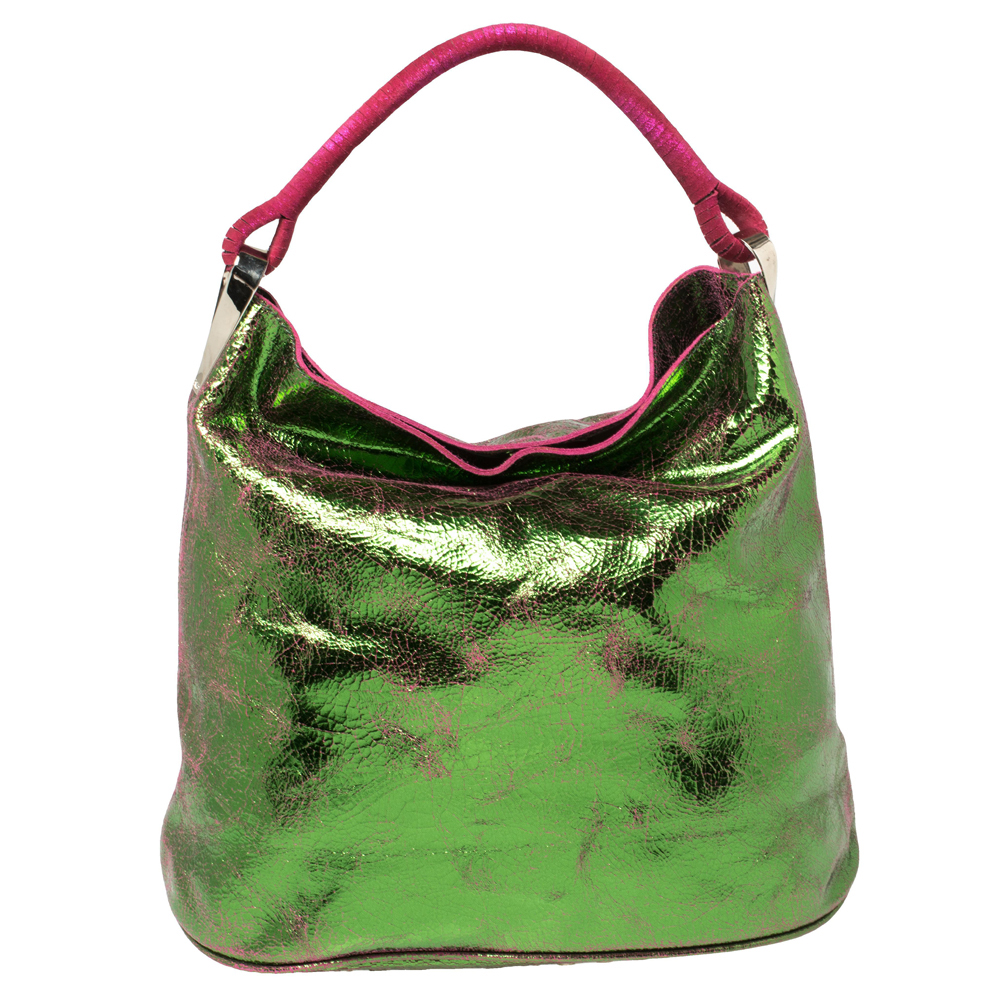 Pre-owned Kenzo Green/pink Crinkled Leather Hobo