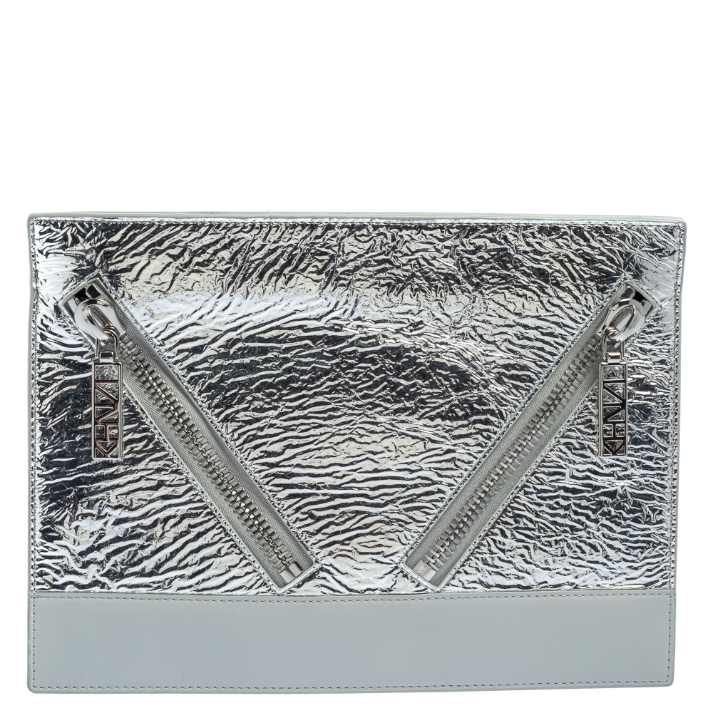 Pre-owned Kenzo Silver Foil Leather And Leather Kalifornia Clutch In Grey