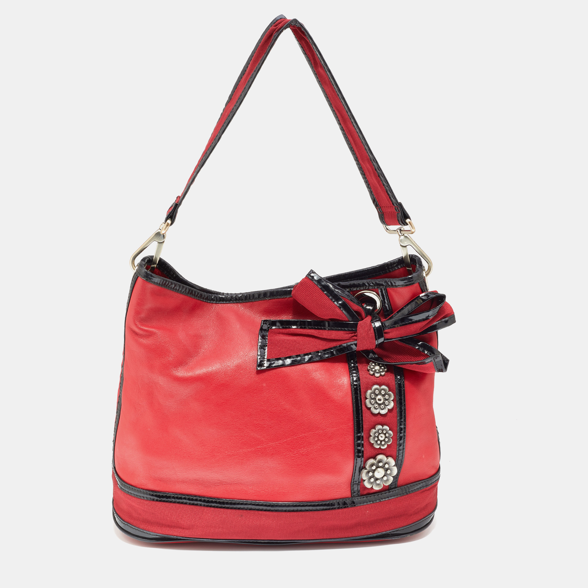 Pre-owned Kenzo Red/black Leather And Canvas Embellished Bow Tote
