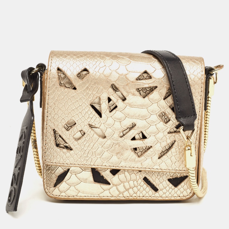 Pre-owned Kenzo Gold/black Python Embossed And Leather Lasercut Flap Bag