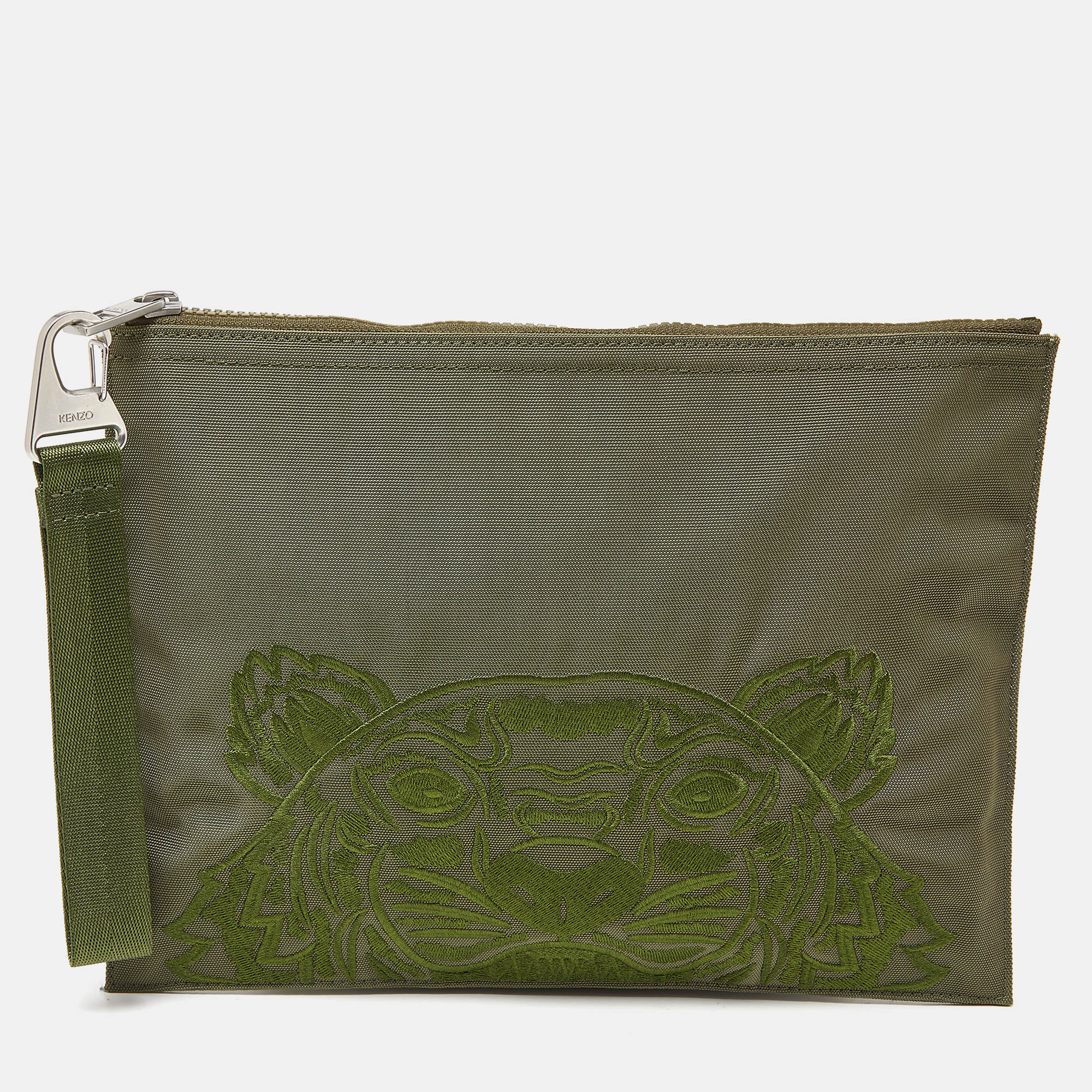 Pre-owned Kenzo Green Tiger Embroidered Canvas Zip Flat Pouch