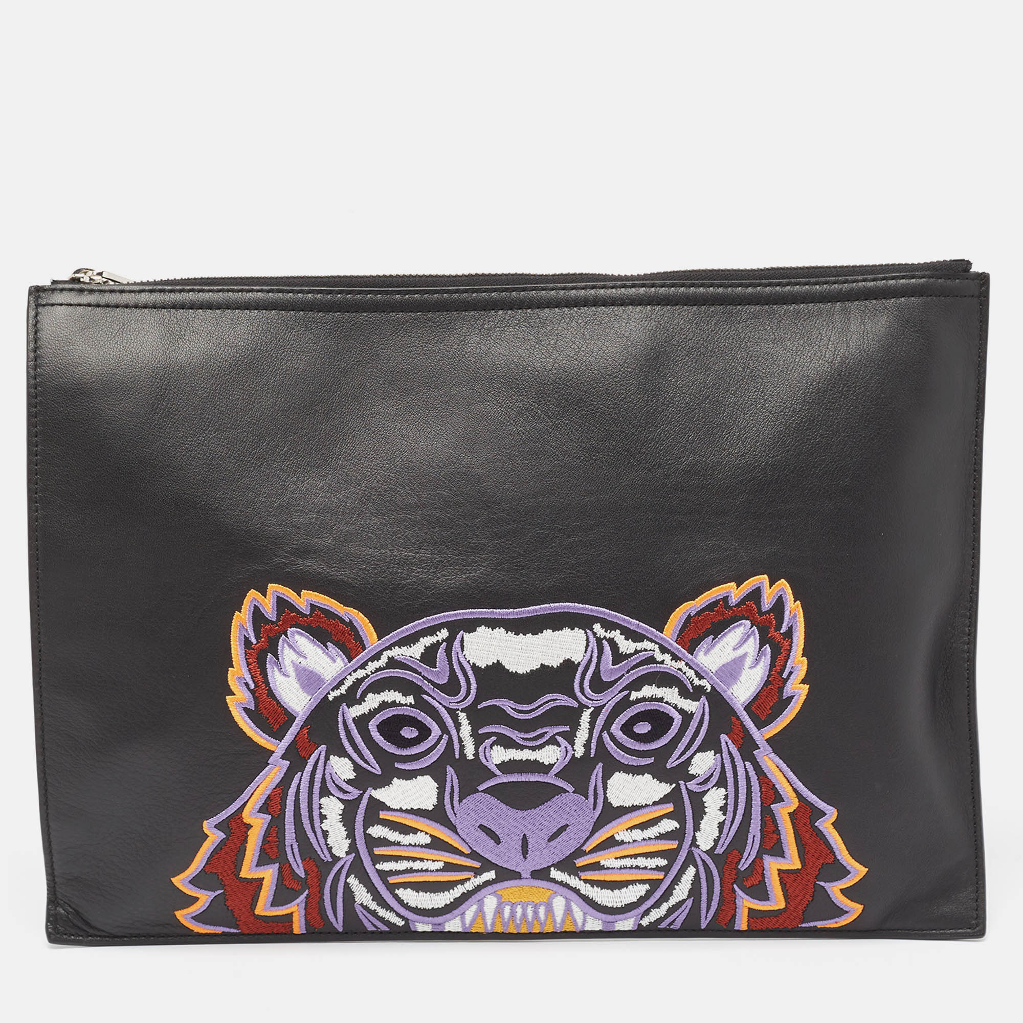 

Kenzo Black Tiger Embroidered Leather Zip Flat Pouch