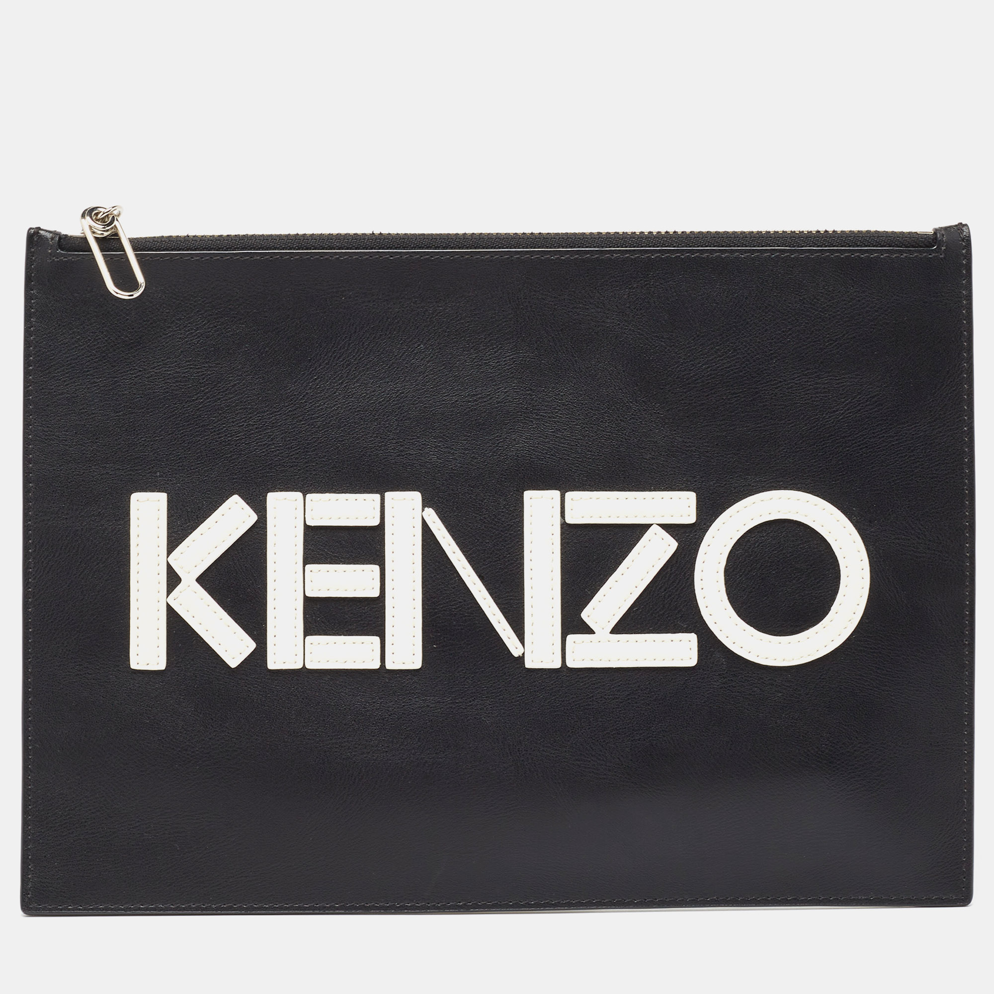 Pre-owned Kenzo Black Leather Logo Zipped Pouch