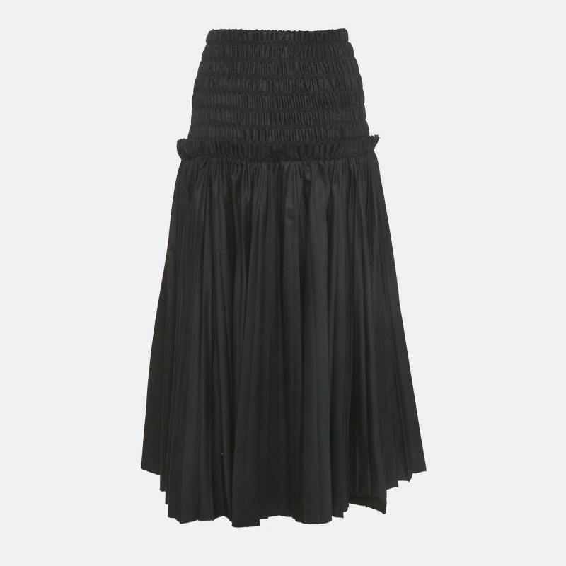 

Khaite Black Cotton Shirring Waist Pleated Midi Skirt