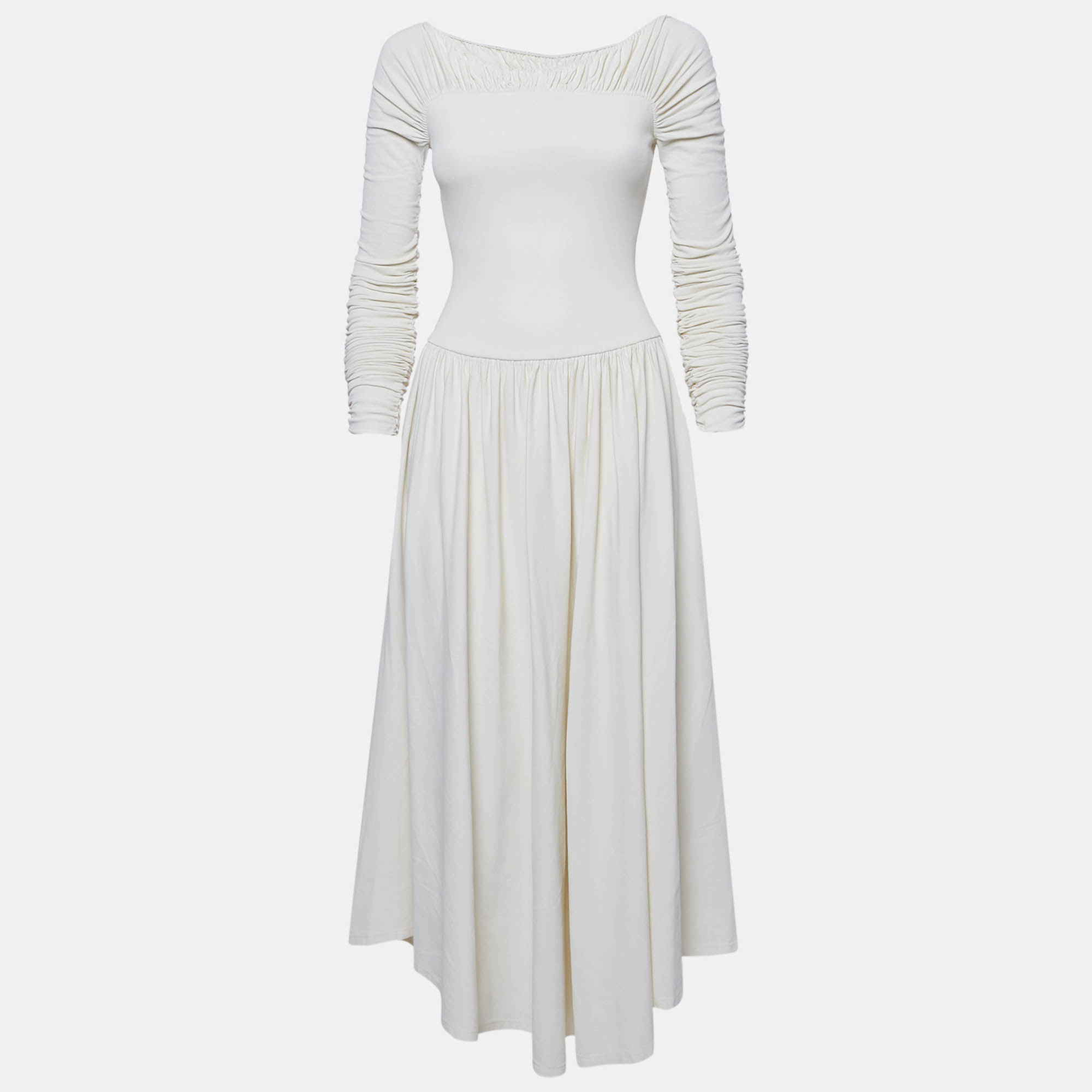 

Khaite Off-White Knit Ruched Fit and Flare Midi Dress S