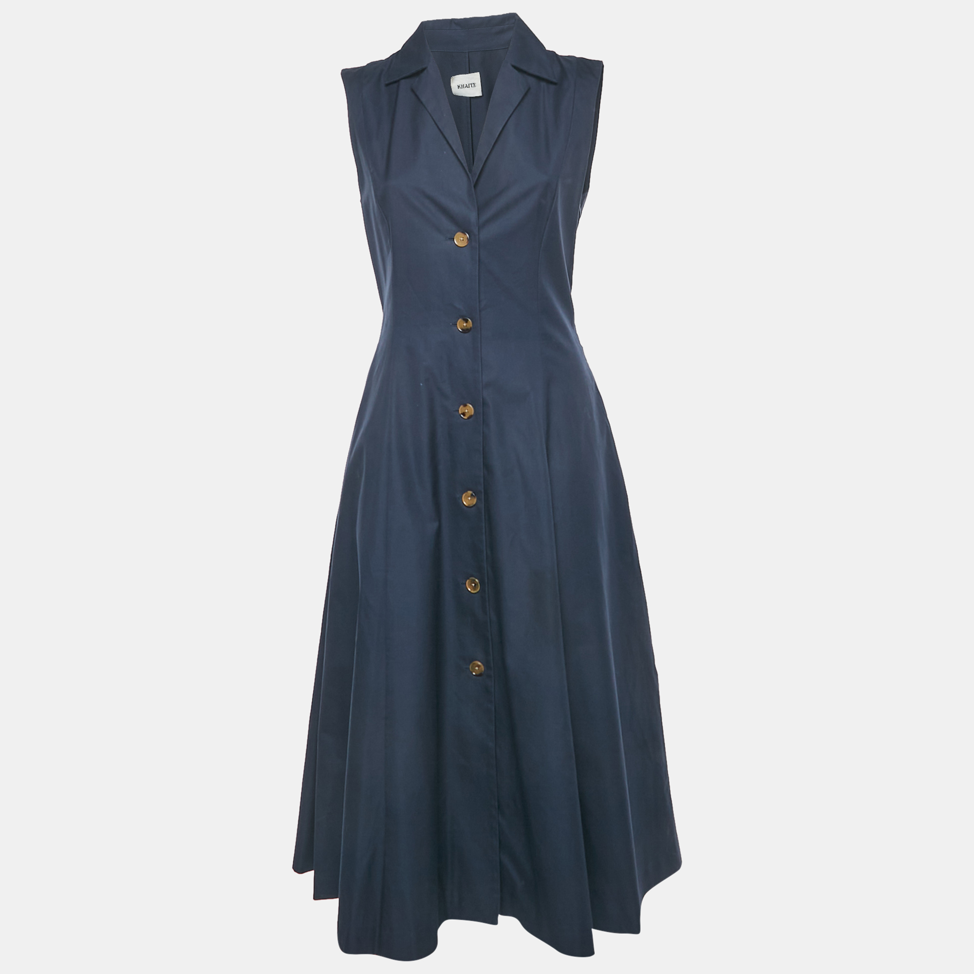 Pre-owned Khaite Navy Blue Cotton Flared Sleeveless Midi Dress M