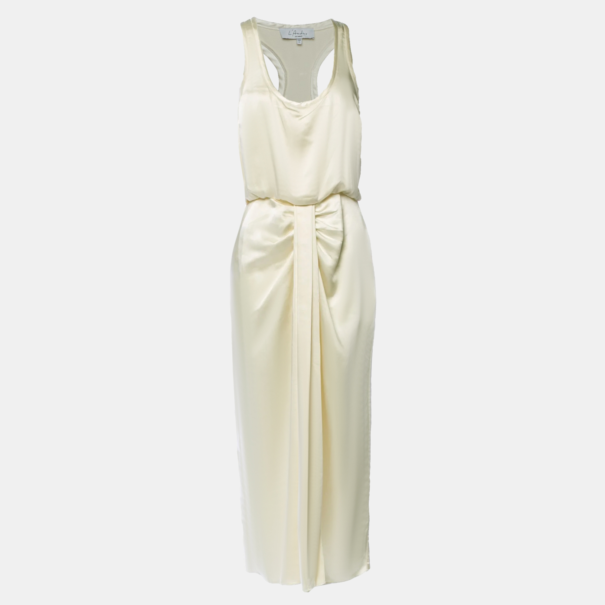 Pre-owned L'academie Cream Satin Drape Detail Sleeveless Midi Dress Xs In White