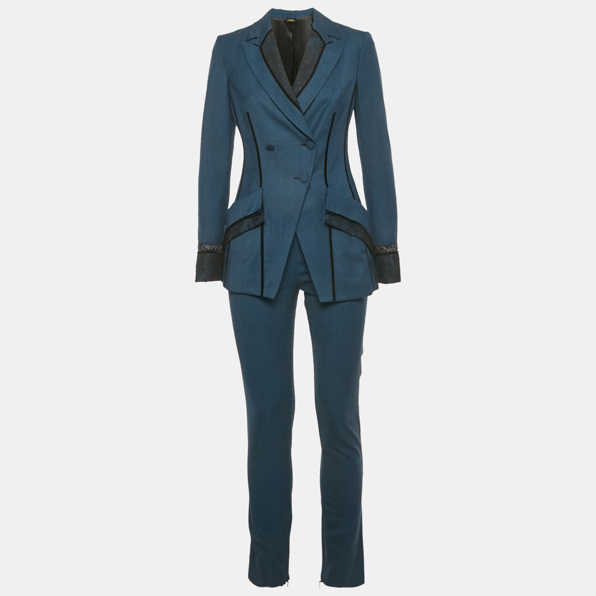 Pre-owned La Perla Blue Houndstooth Wool Lace Inserts Suit S