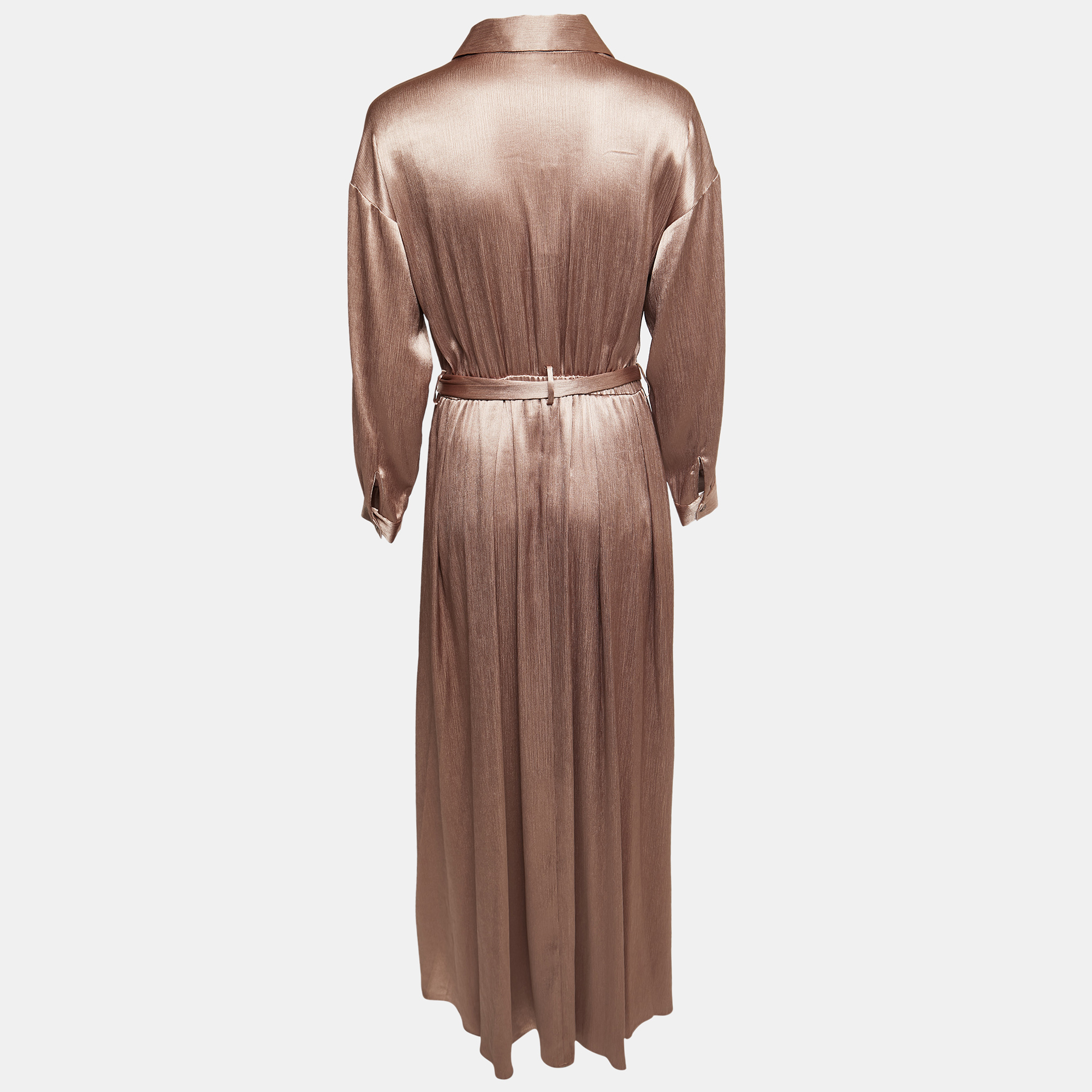 

L' Agence Champagne Brown Crinkled Satin Belted Maxi Shirt Dress