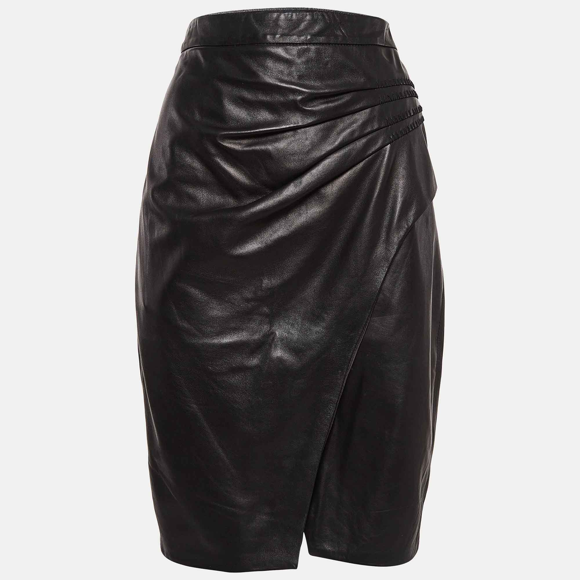 

L'agence Black Pleated Leather Pencil Skirt L