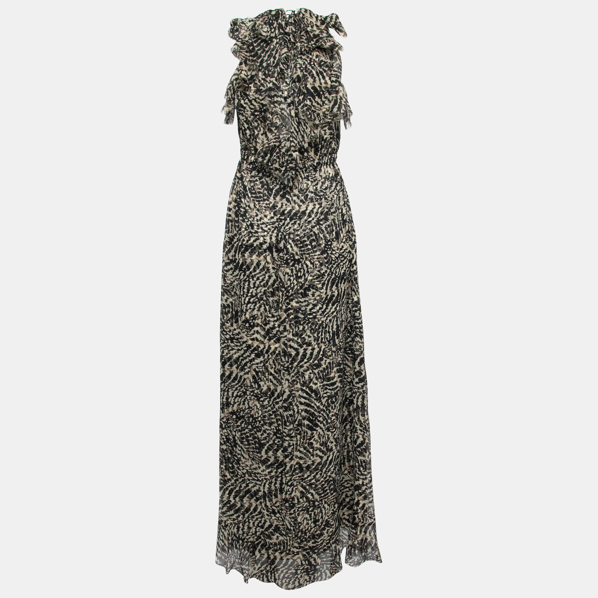 

L'agence Brown Abstract Printed Silk Sophie Flutter Maxi Dress