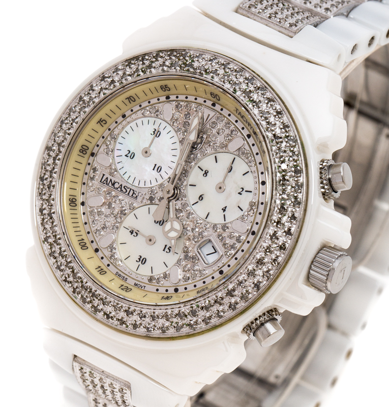 

Lancaster Mother of Pearl Diamond Pave White Ceramic Stainless Steel Ref.0293 Women's Wristwatch