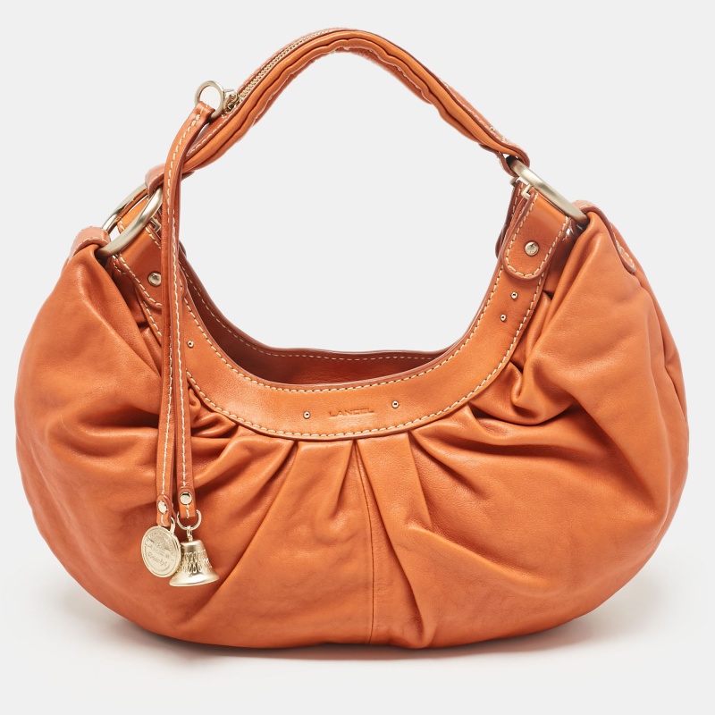 Pre-owned Lancel Orange Pleated Leather Bell Hobo