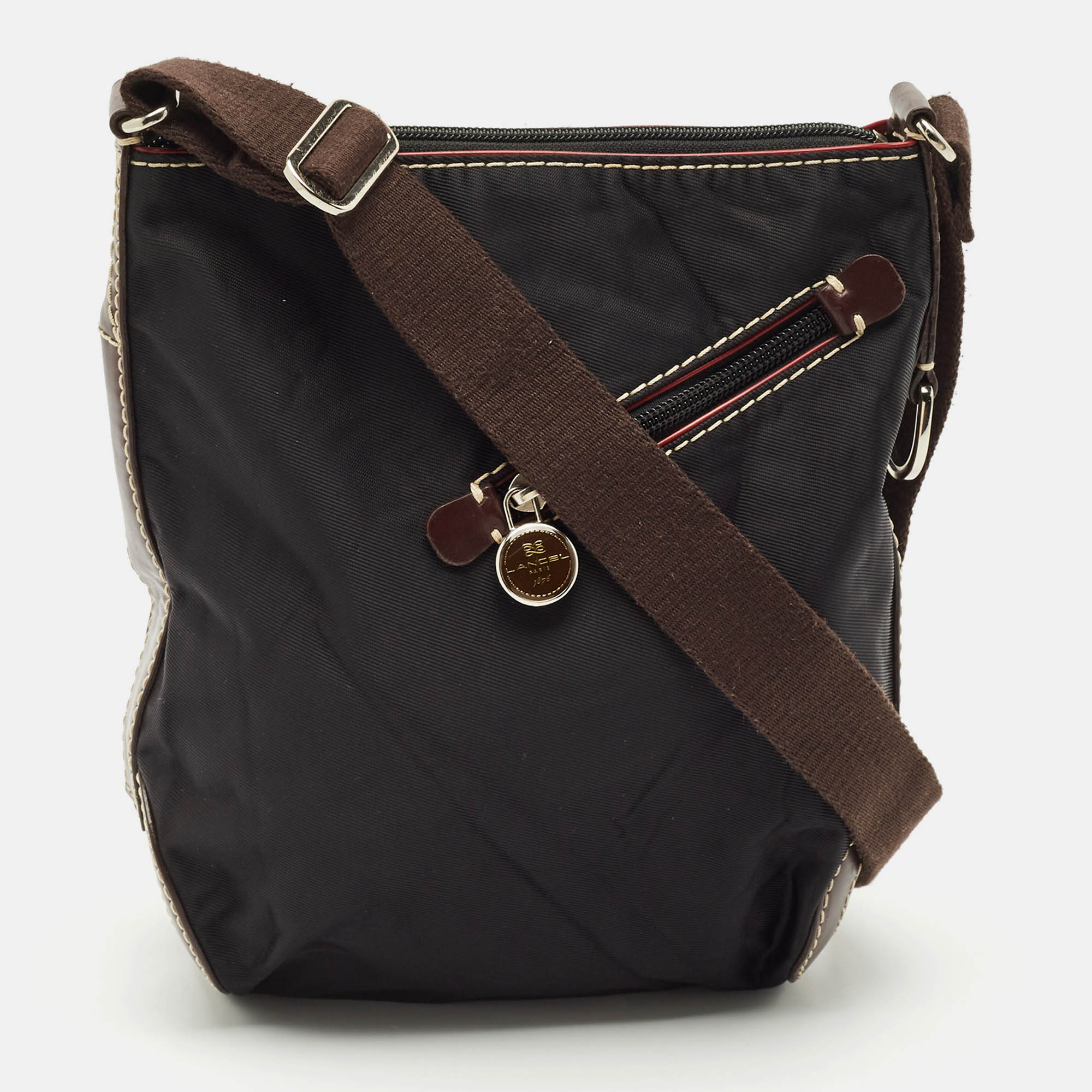 Pre-owned Lancel Black/brown Leather And Nylon Front Pocket Crossbody Bag