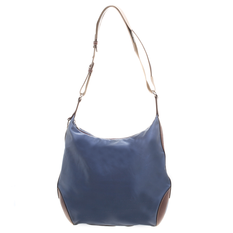 Pre Owned Lancel Metallic Blue Nylon Miss Bowling Hobo