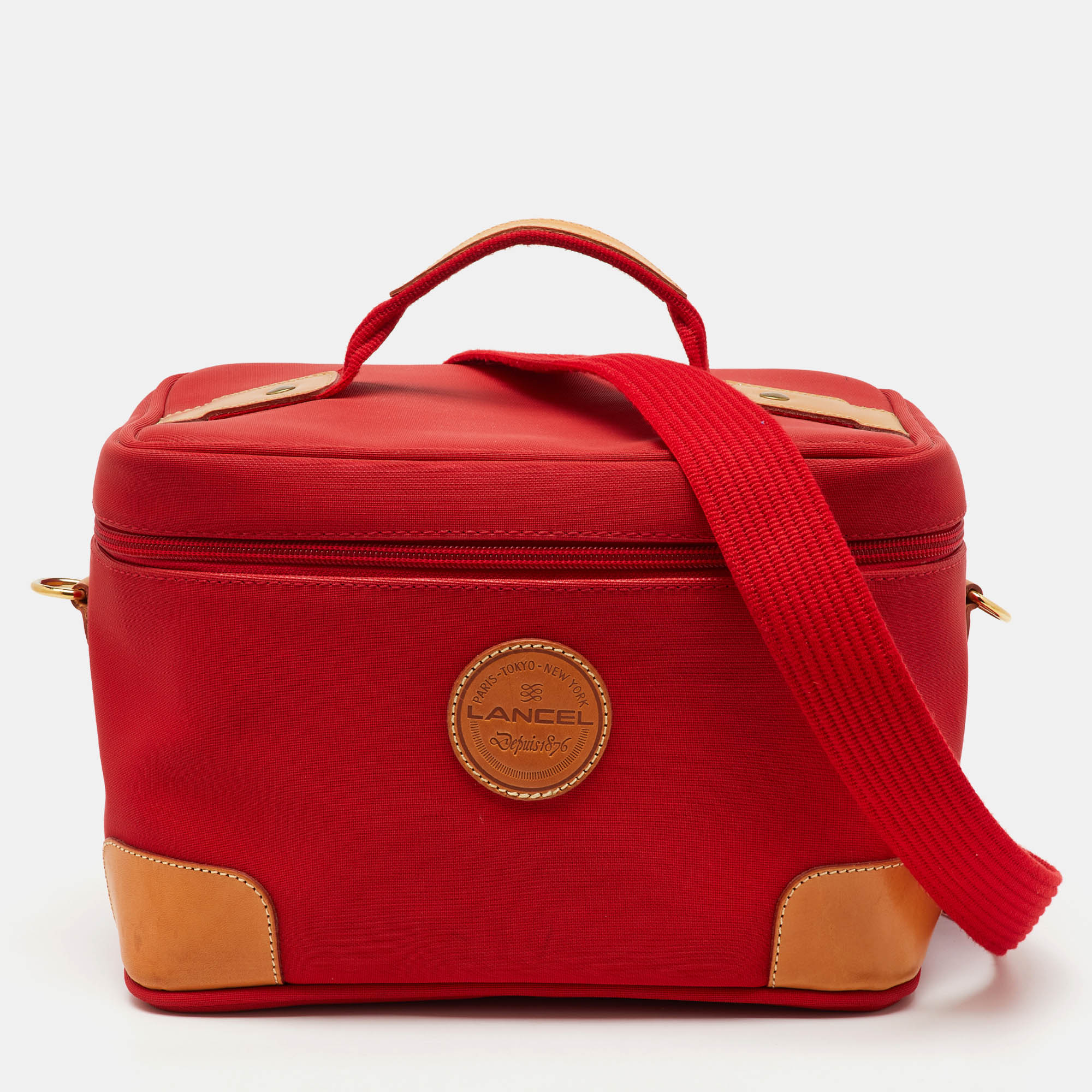 

Lancel Red/Tan Canvas and Leather Trim Vanity Travel Bag