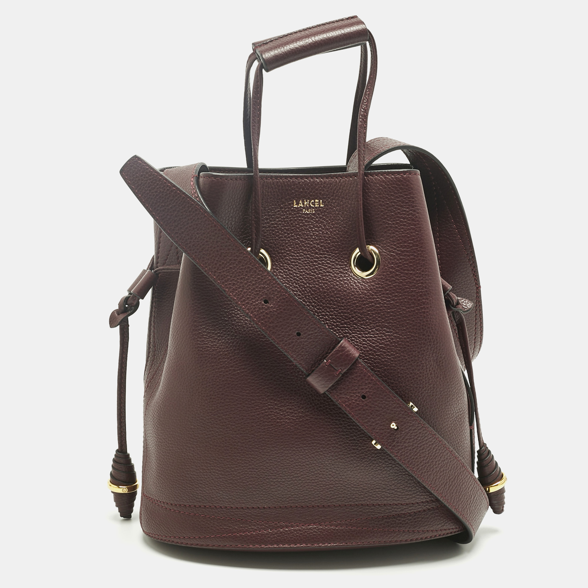 

Lancel Burgundy Leather Le Huit Drawstring Bucket Bag