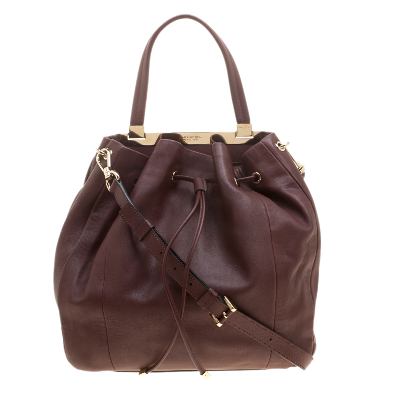 Lancel Burgundy Leather Drawstring Bucket Tote