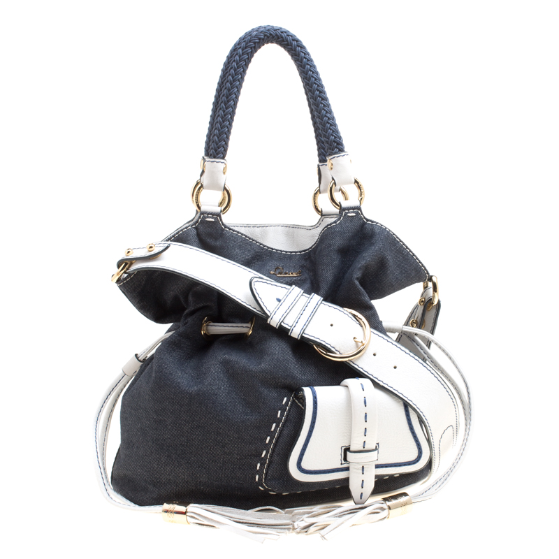 Pre Owned Lancel Blue/White Denim and Leather Premiere Flirt Bucket Shoulder Bag